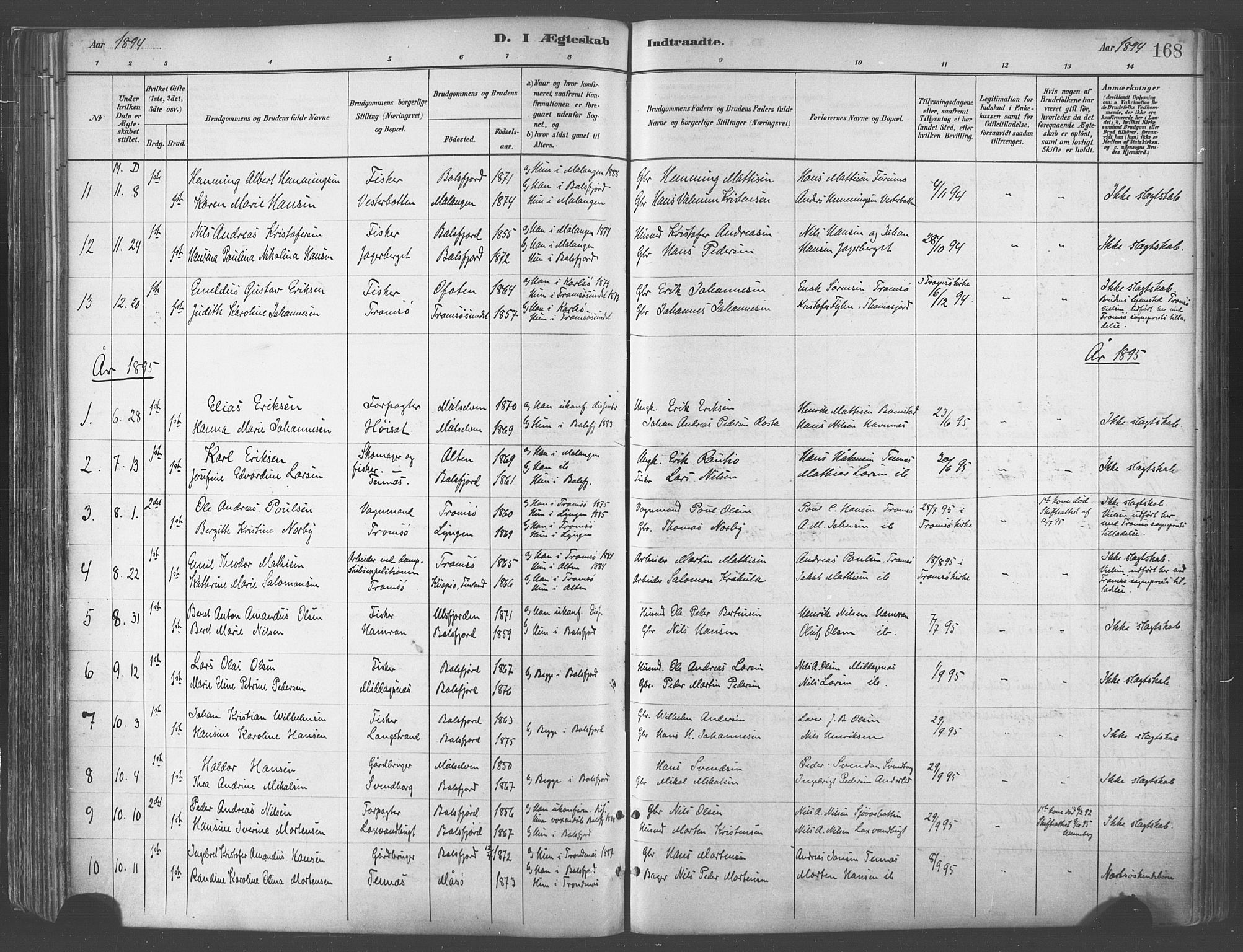Balsfjord sokneprestembete, AV/SATØ-S-1303/G/Gaa/L0005kirke: Parish register (official) no. 5, 1884-1897, p. 168