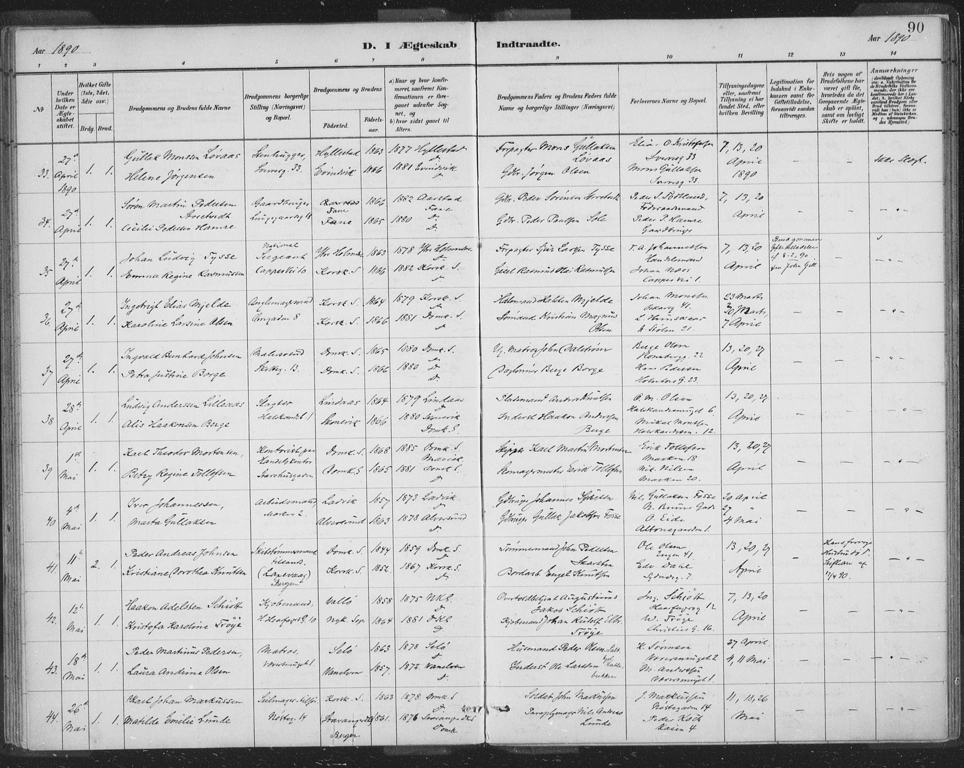 Domkirken sokneprestembete, AV/SAB-A-74801/H/Hab/L0032: Parish register (copy) no. D 4, 1880-1907, p. 90