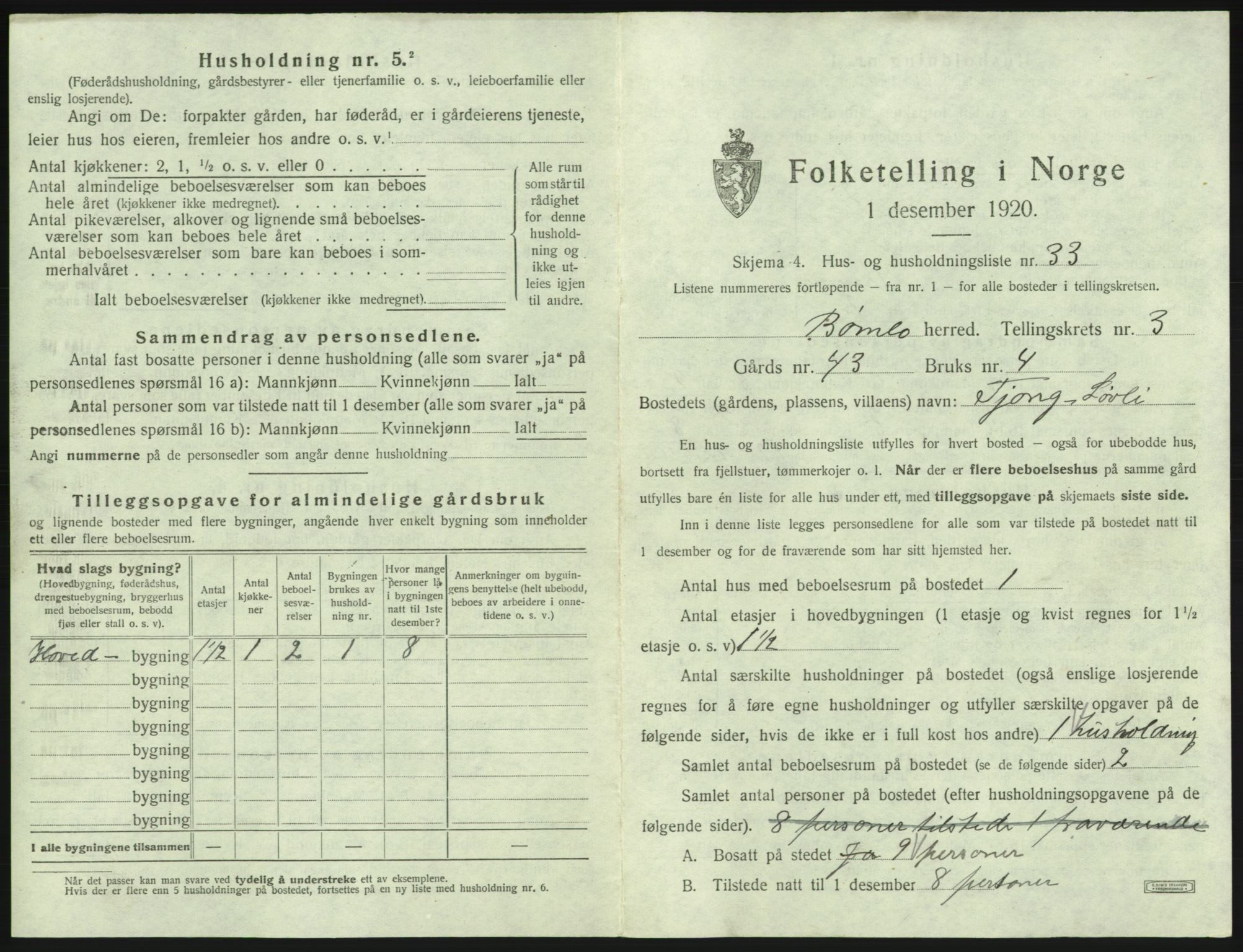 SAB, 1920 census for Bømlo, 1920, p. 422