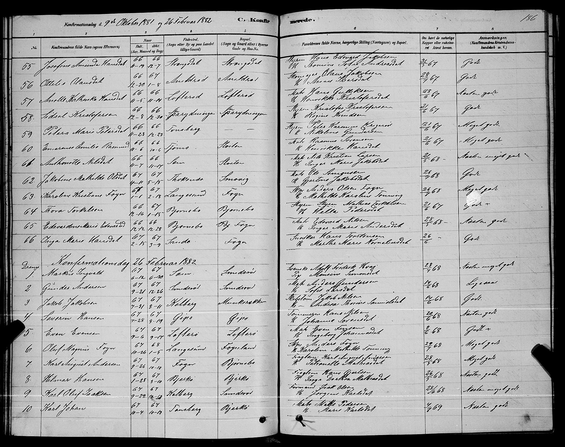 Nøtterøy kirkebøker, SAKO/A-354/G/Ga/L0003: Parish register (copy) no. I 3, 1878-1893, p. 186