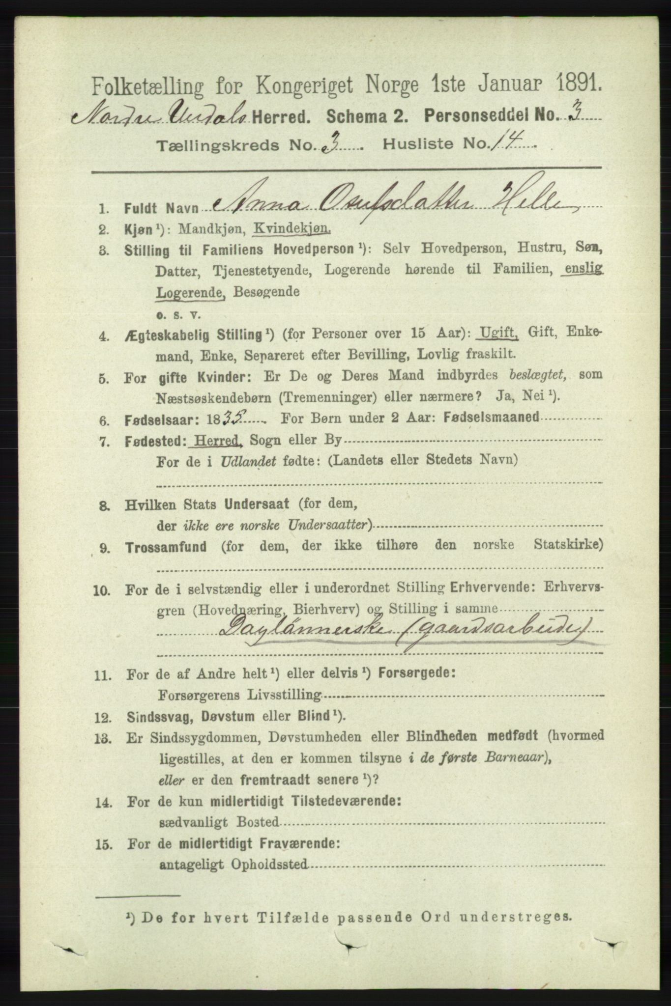 RA, 1891 census for 1028 Nord-Audnedal, 1891, p. 825