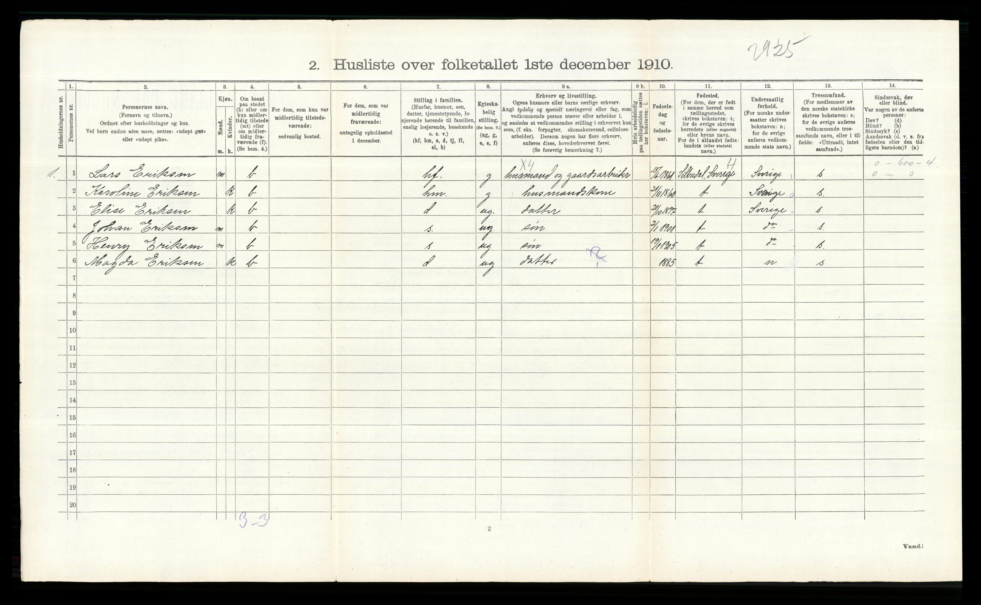 RA, 1910 census for Bærum, 1910, p. 304