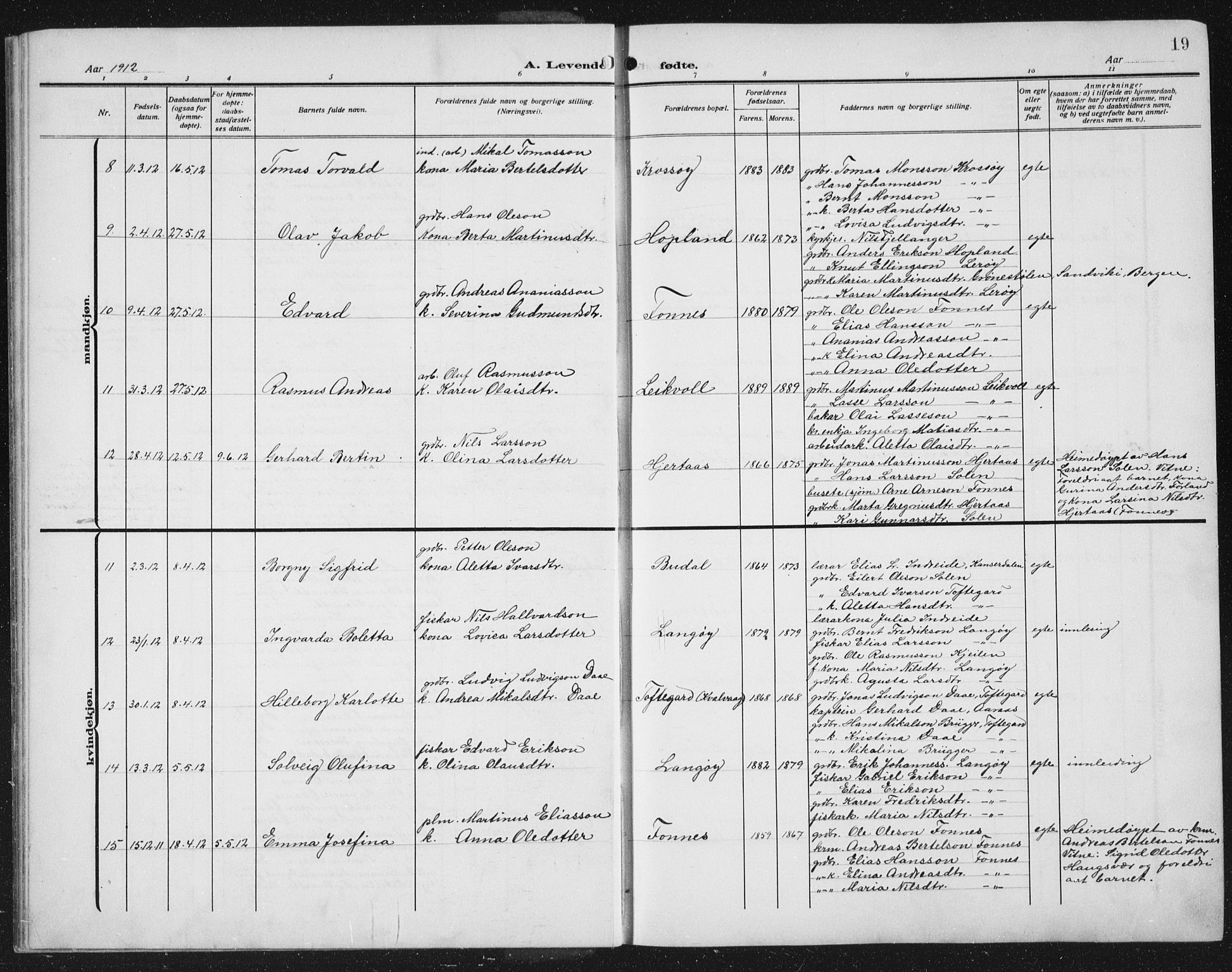 Lindås Sokneprestembete, AV/SAB-A-76701/H/Hab/Habc/L0005: Parish register (copy) no. C 5, 1910-1927, p. 19