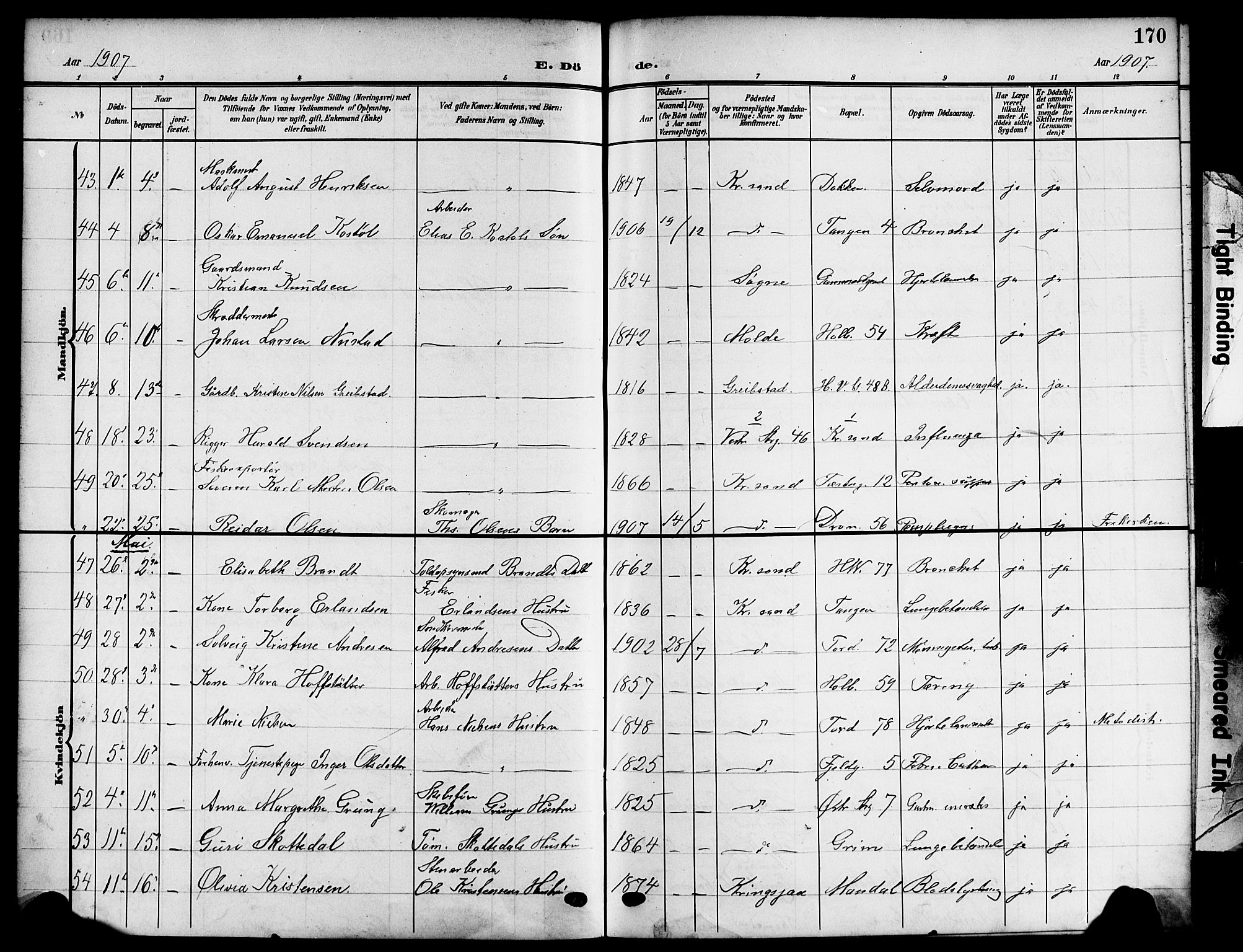 Kristiansand domprosti, SAK/1112-0006/F/Fb/L0020: Parish register (copy) no. B 20, 1906-1915, p. 170