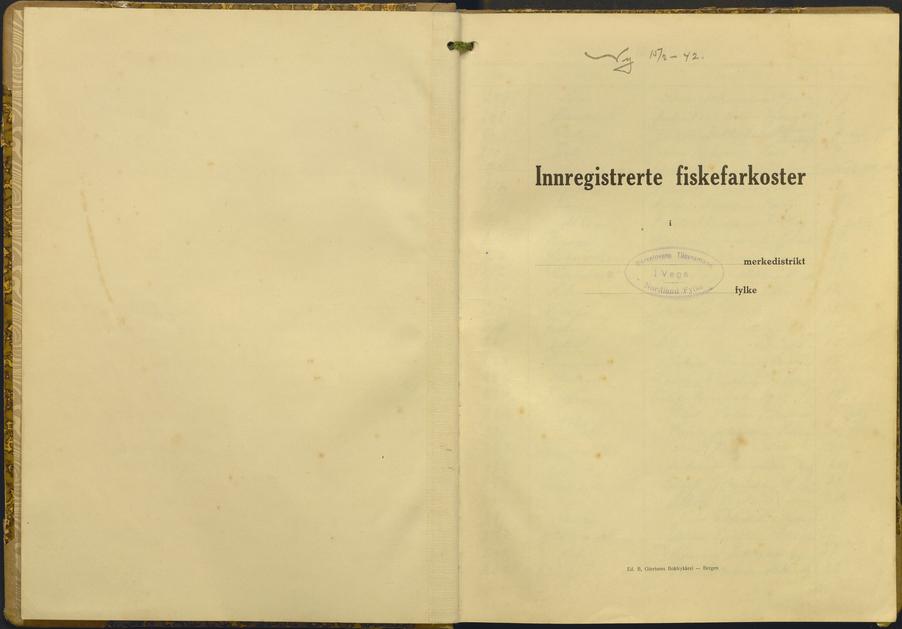 Fiskeridirektoratet - 1 Adm. ledelse - 13 Båtkontoret, AV/SAB-A-2003/I/Ia/Iac/L0195: 135.0365/5 Merkeprotokoll - Vega, 1942-1946