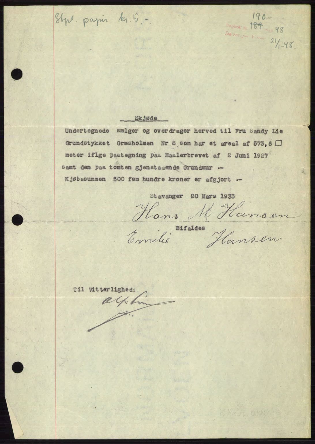 Stavanger byrett, SAST/A-100455/002/G/Gb/L0022: Mortgage book no. A11, 1947-1948, Diary no: : 190/1948