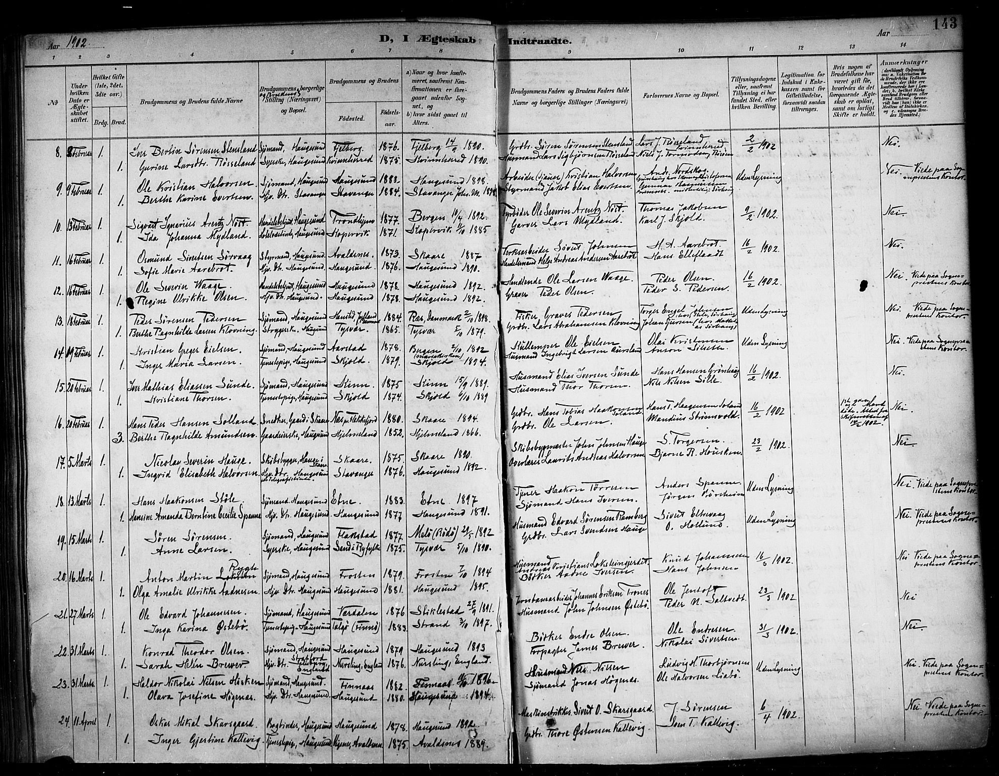 Haugesund sokneprestkontor, AV/SAST-A -101863/H/Ha/Haa/L0005: Parish register (official) no. A 5, 1891-1903, p. 143