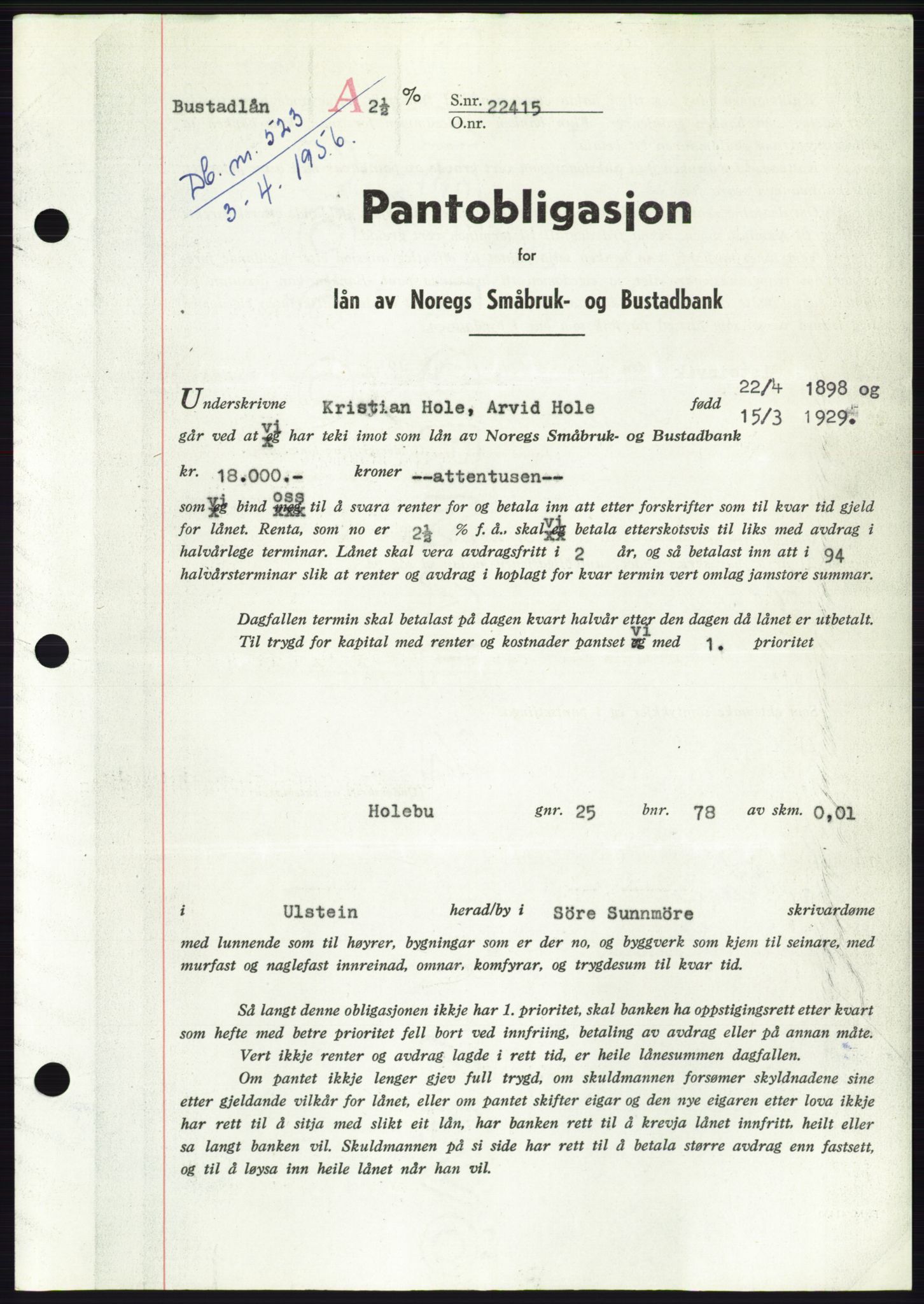 Søre Sunnmøre sorenskriveri, SAT/A-4122/1/2/2C/L0128: Mortgage book no. 16B, 1956-1956, Diary no: : 523/1956