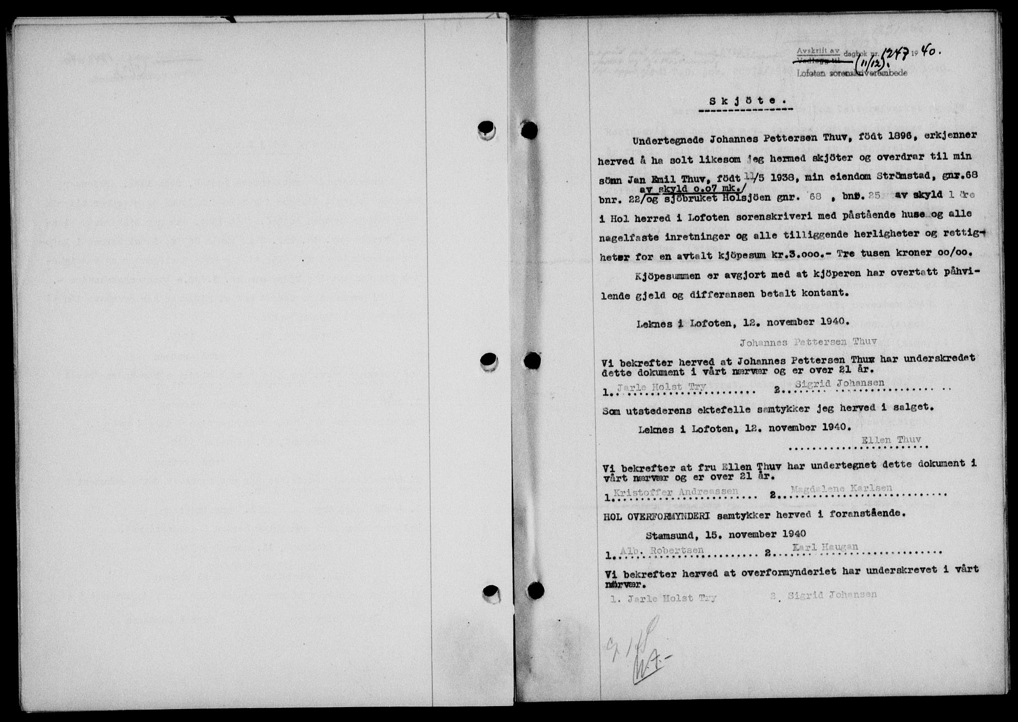 Lofoten sorenskriveri, SAT/A-0017/1/2/2C/L0008a: Mortgage book no. 8a, 1940-1941, Diary no: : 1247/1940