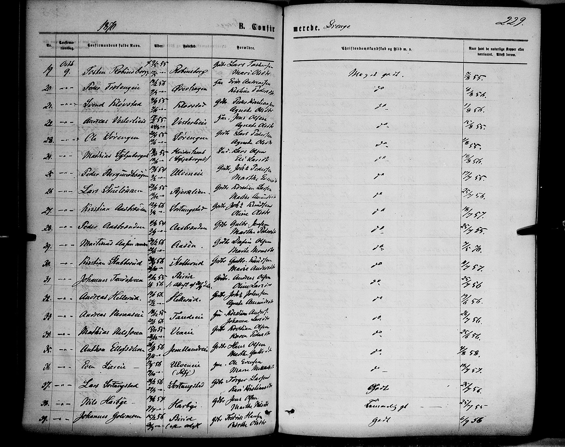 Ringsaker prestekontor, AV/SAH-PREST-014/K/Ka/L0011: Parish register (official) no. 11, 1870-1878, p. 229