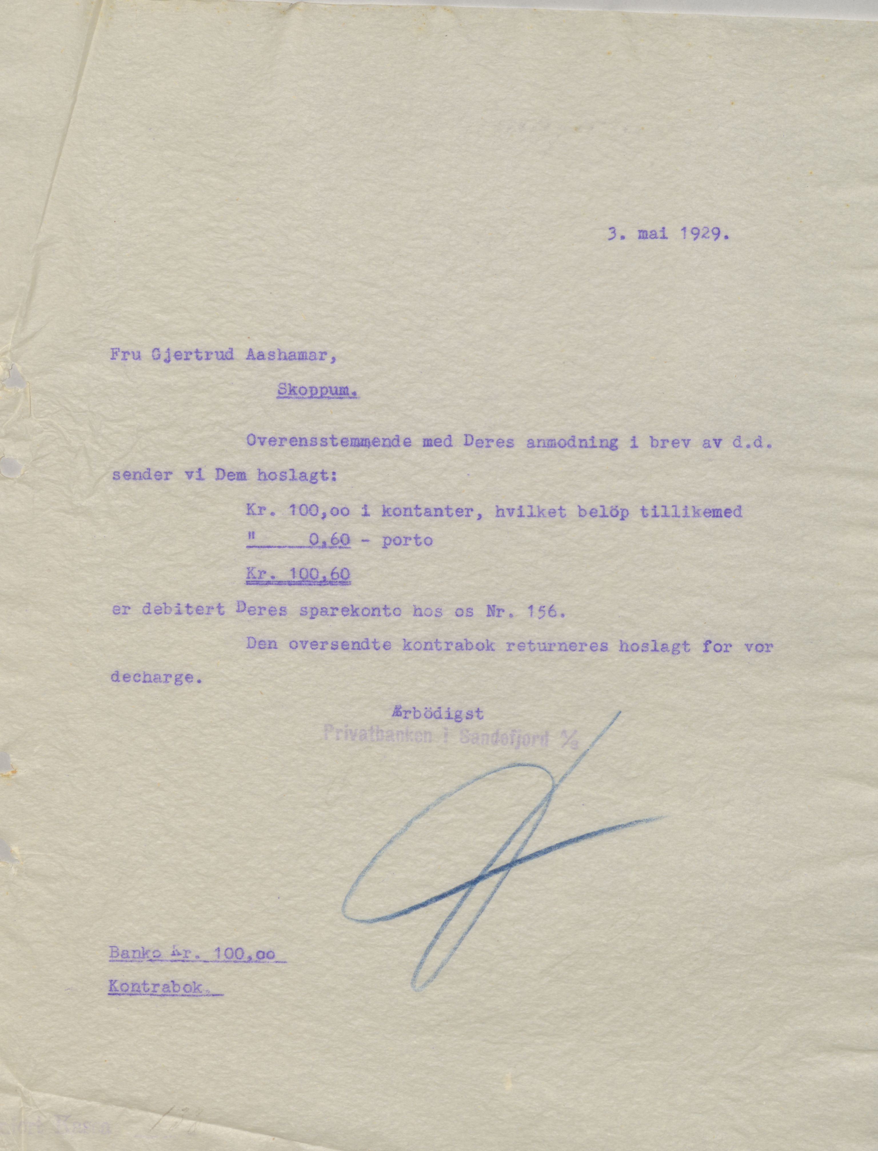 Privatbanken i Sandefjord AS, VEMU/ARS-A-1256/B/Ba/L0002: Kopibok, 1929