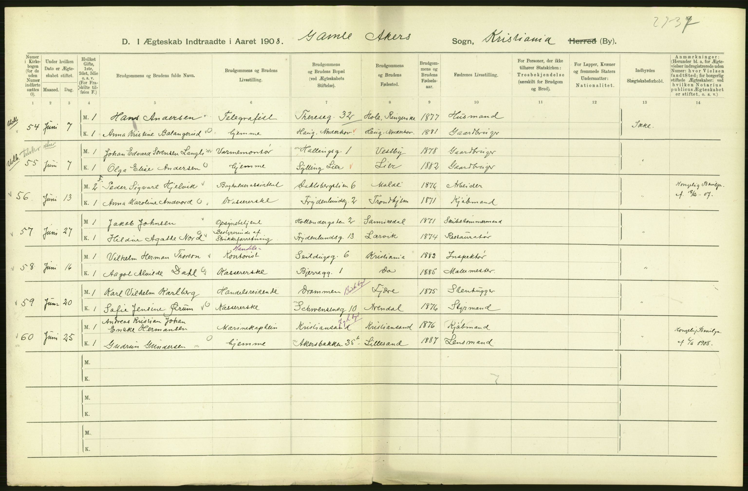 Statistisk sentralbyrå, Sosiodemografiske emner, Befolkning, AV/RA-S-2228/D/Df/Dfa/Dfaf/L0007: Kristiania: Gifte, 1908, p. 308