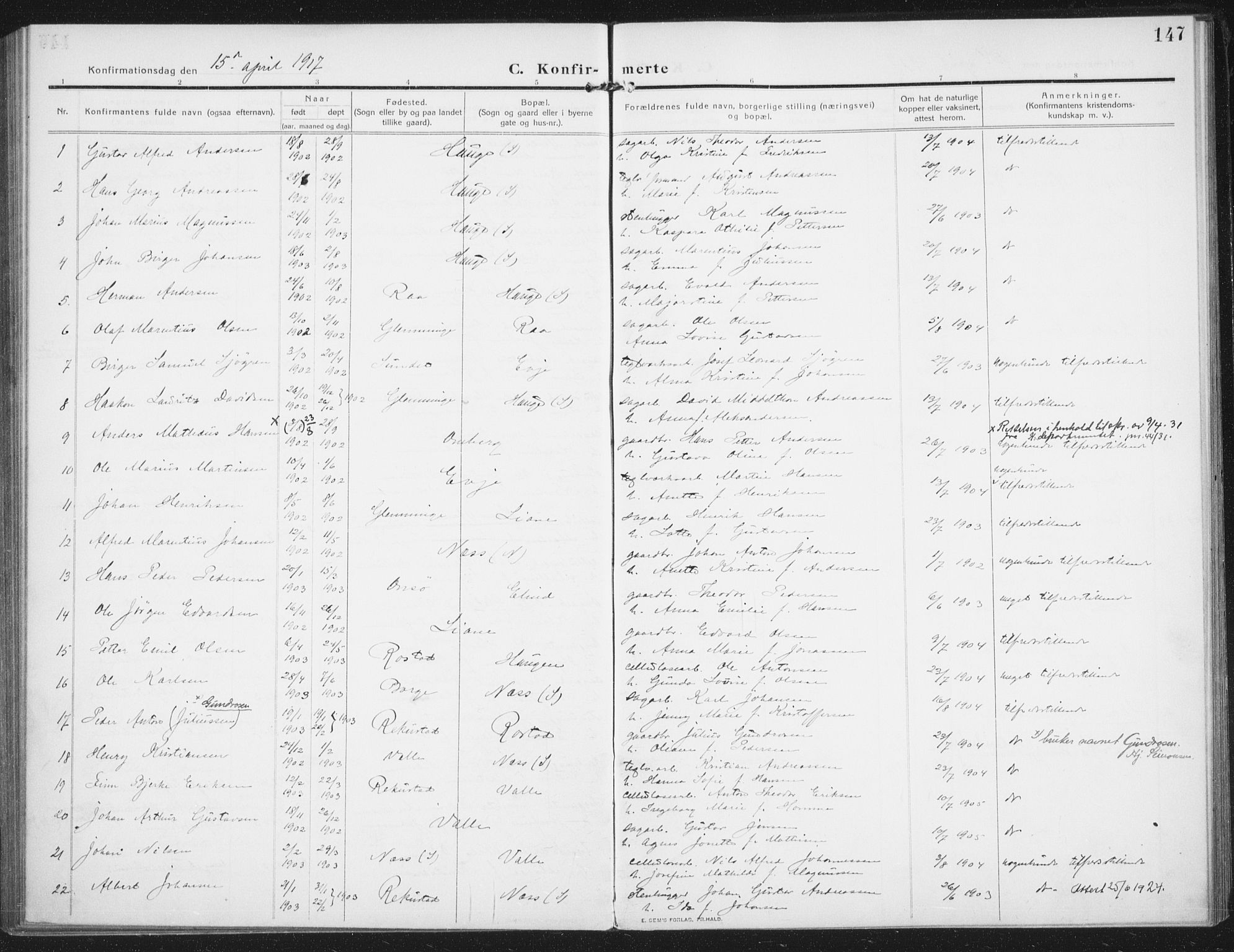 Rolvsøy prestekontor Kirkebøker, SAO/A-2004/F/Fa/L0002: Parish register (official) no. 2, 1909-1917, p. 147