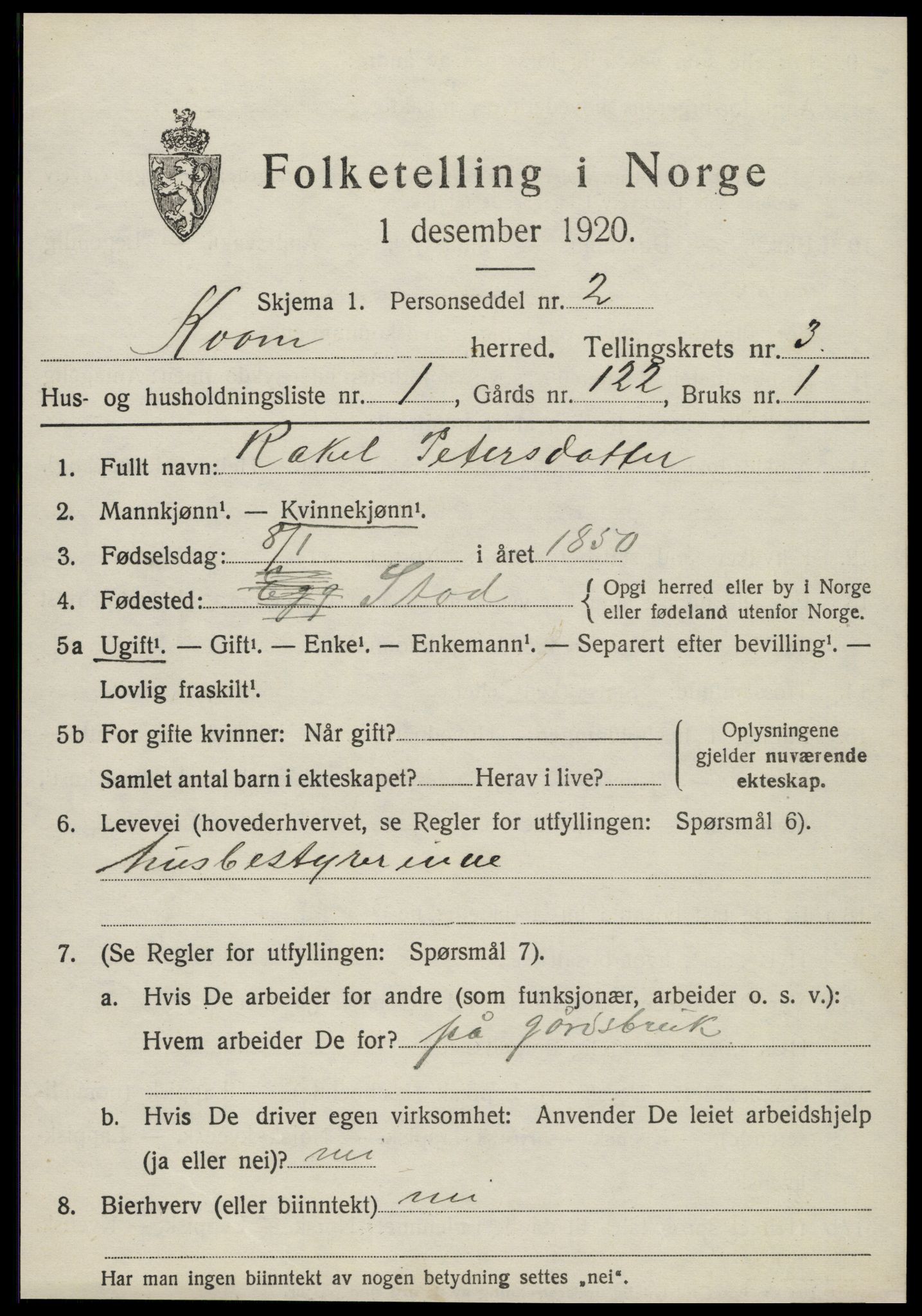 SAT, 1920 census for Kvam, 1920, p. 803