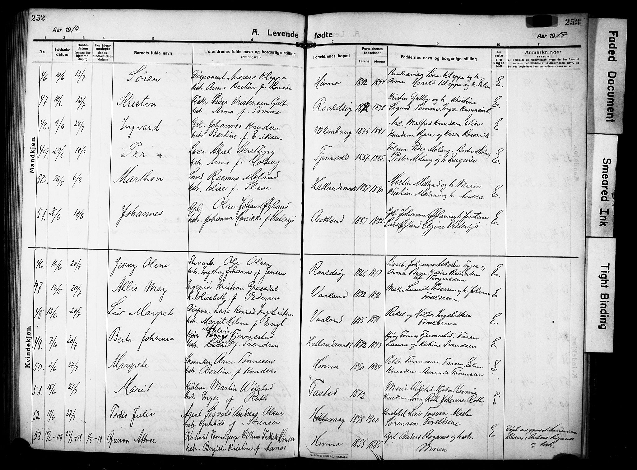 Hetland sokneprestkontor, AV/SAST-A-101826/30/30BB/L0008: Parish register (copy) no. B 8, 1910-1921, p. 252-253