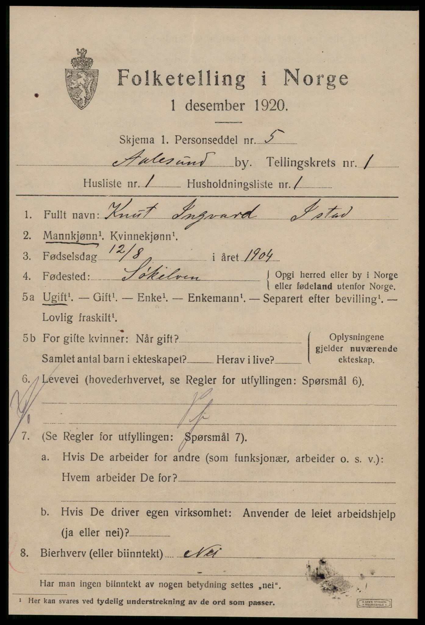 SAT, 1920 census for Ålesund, 1920, p. 9582