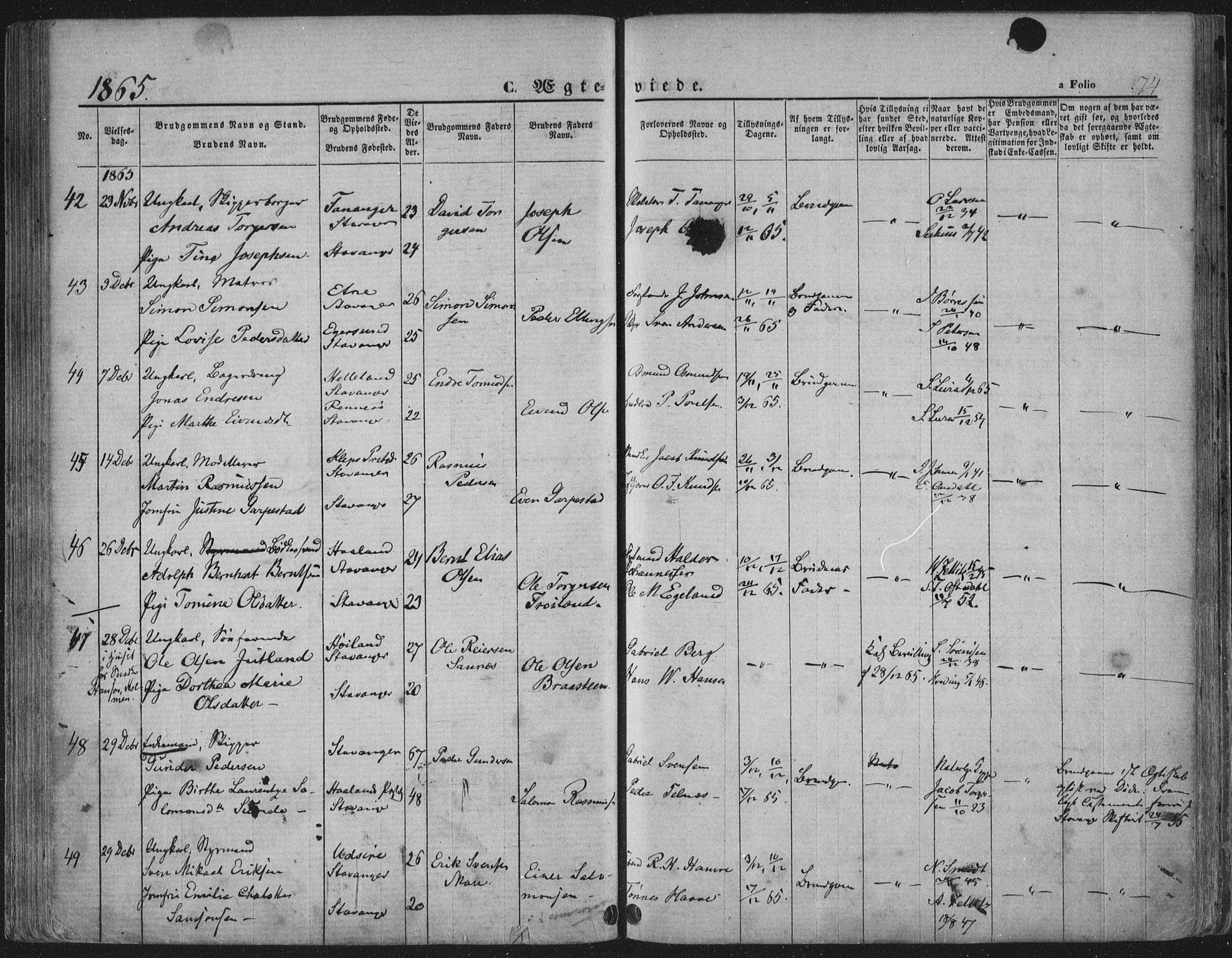 Domkirken sokneprestkontor, AV/SAST-A-101812/001/30/30BA/L0019: Parish register (official) no. A 18, 1857-1877, p. 74