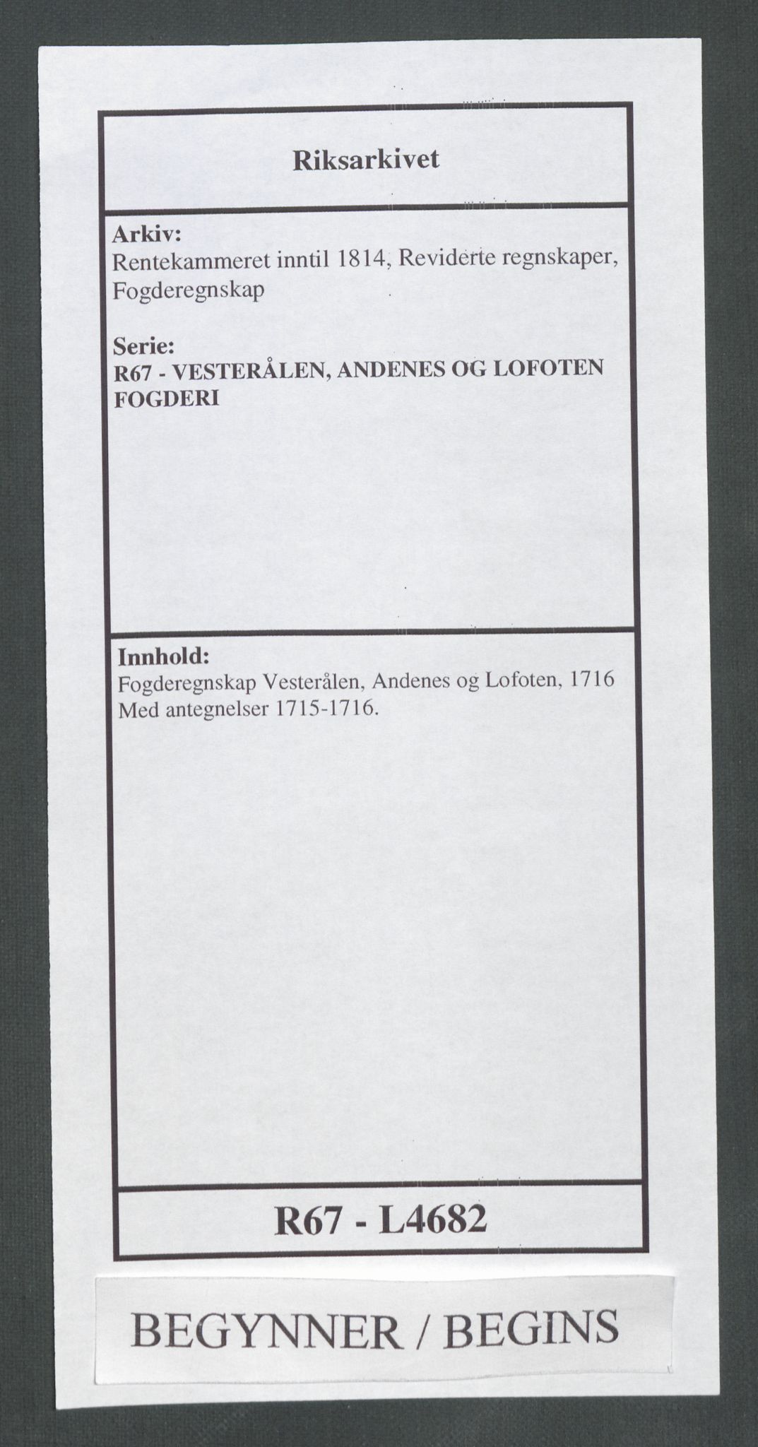 Rentekammeret inntil 1814, Reviderte regnskaper, Fogderegnskap, RA/EA-4092/R67/L4682: Fogderegnskap Vesterålen, Andenes og Lofoten, 1716, p. 1
