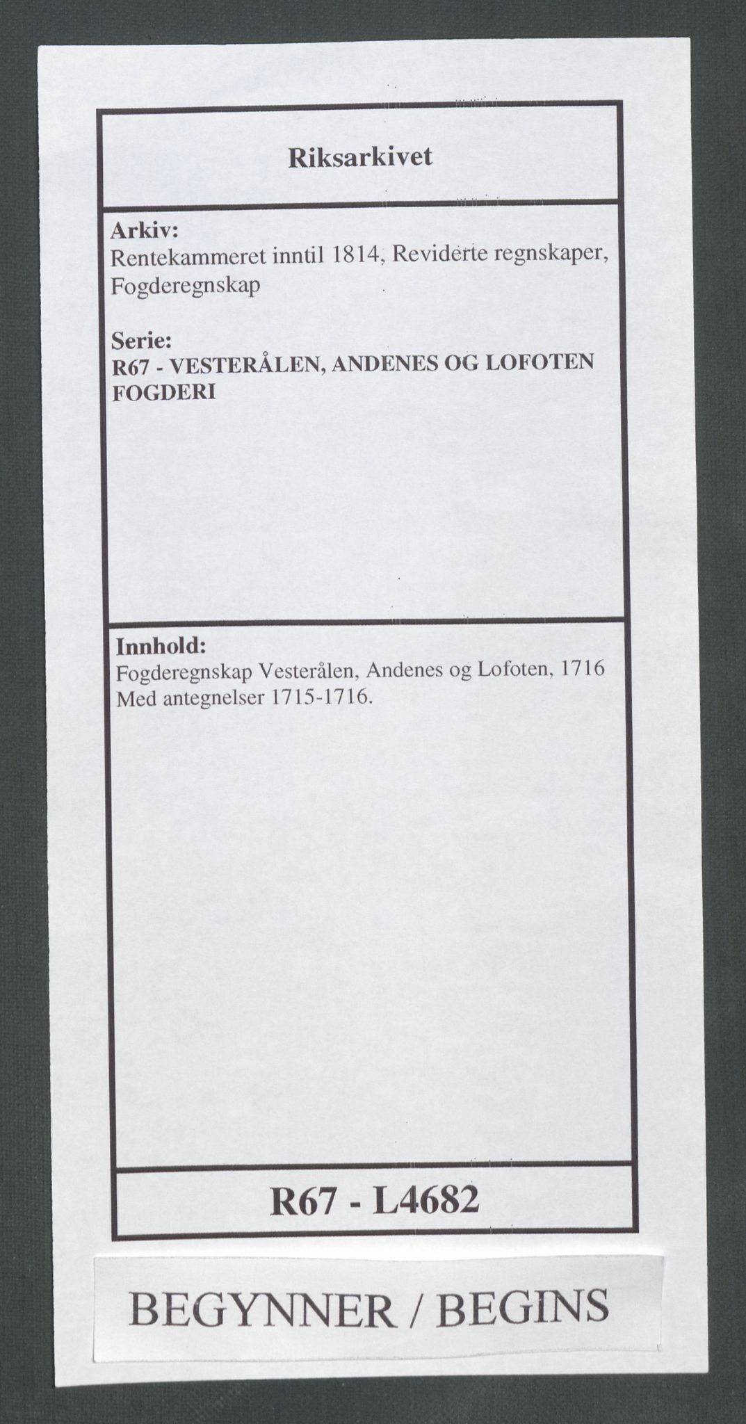 Rentekammeret inntil 1814, Reviderte regnskaper, Fogderegnskap, AV/RA-EA-4092/R67/L4682: Fogderegnskap Vesterålen, Andenes og Lofoten, 1716, p. 1