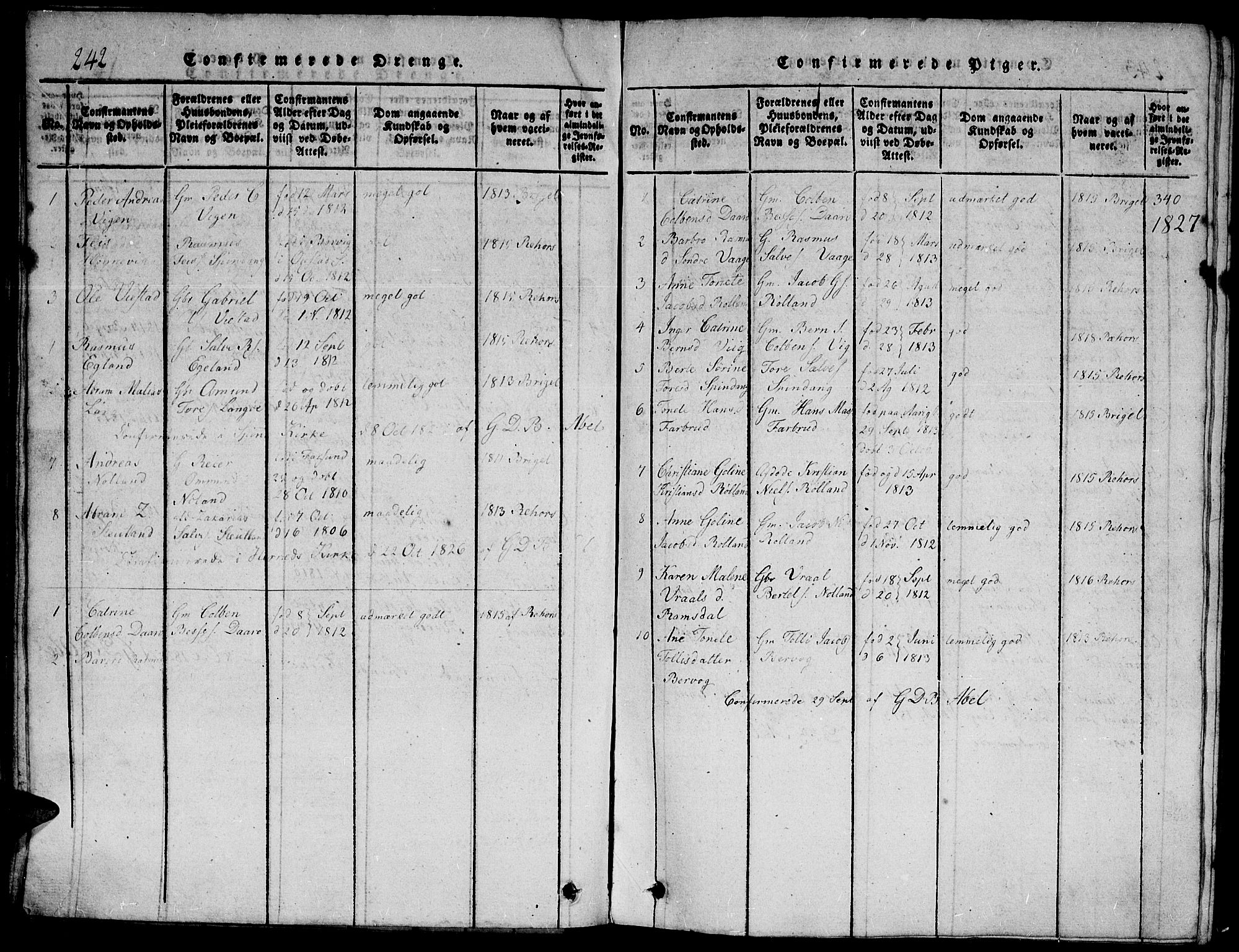 Herad sokneprestkontor, AV/SAK-1111-0018/F/Fb/Fbb/L0001: Parish register (copy) no. B 1, 1815-1852, p. 242