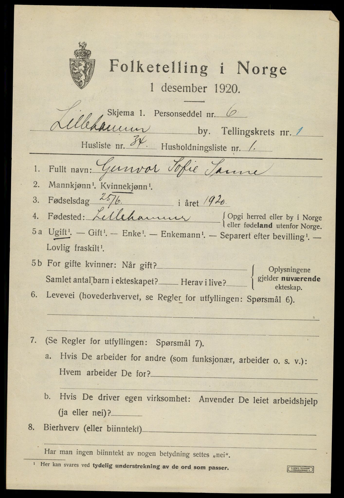 SAH, 1920 census for Lillehammer, 1920, p. 4212