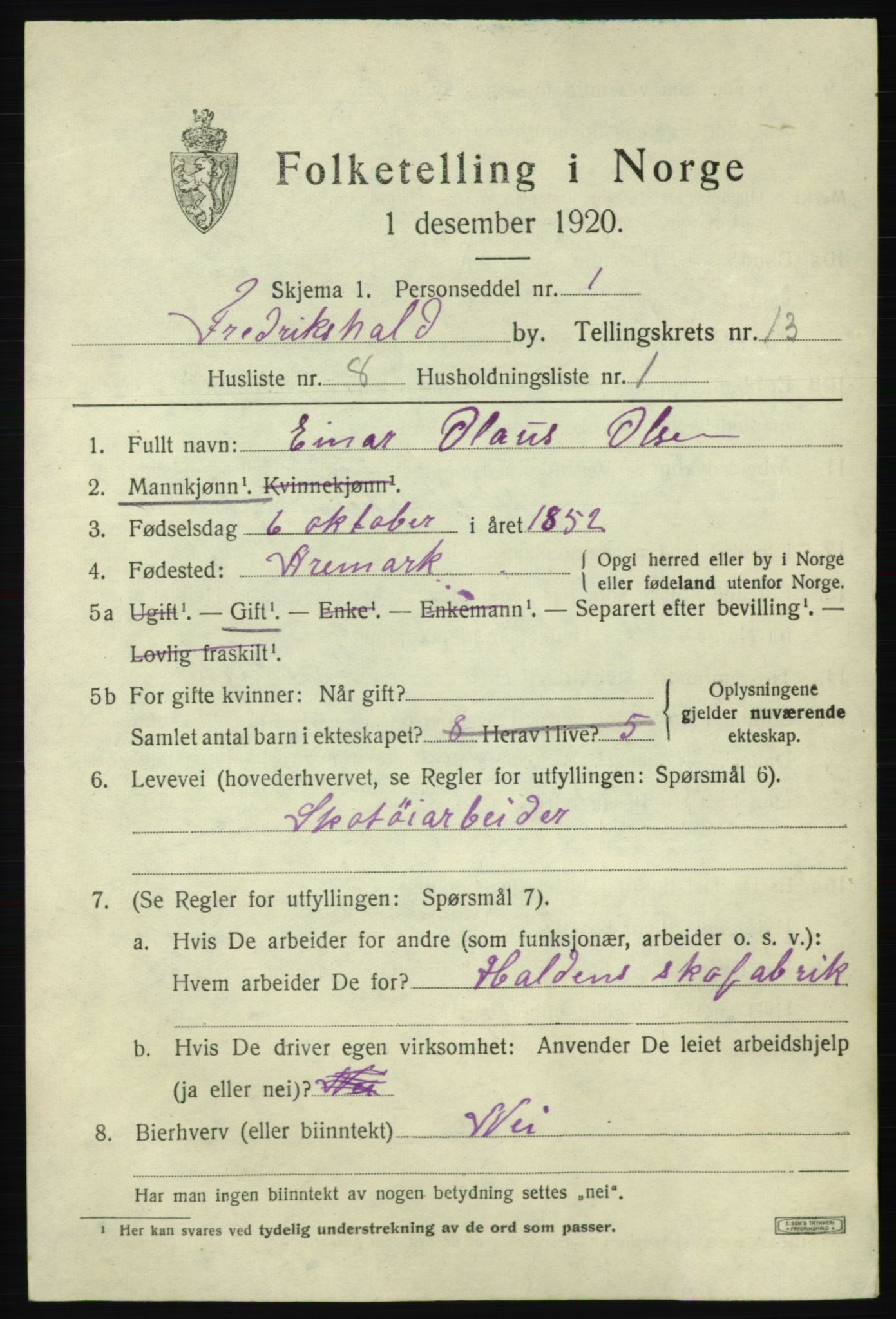 SAO, 1920 census for Fredrikshald, 1920, p. 20777
