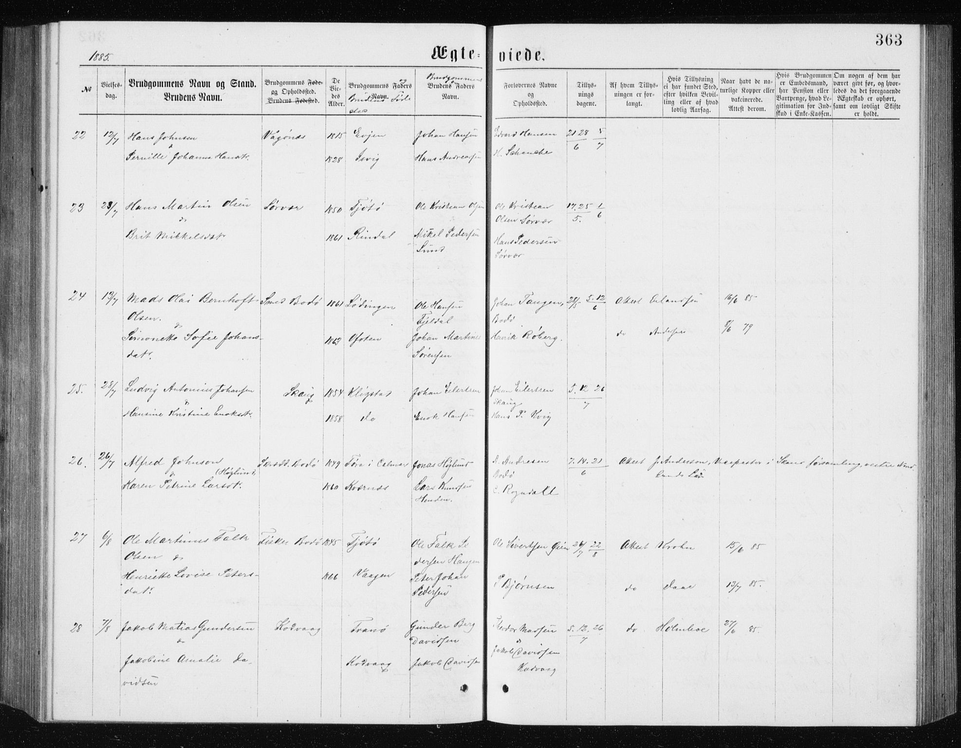 Ministerialprotokoller, klokkerbøker og fødselsregistre - Nordland, AV/SAT-A-1459/801/L0031: Parish register (copy) no. 801C06, 1883-1887, p. 363