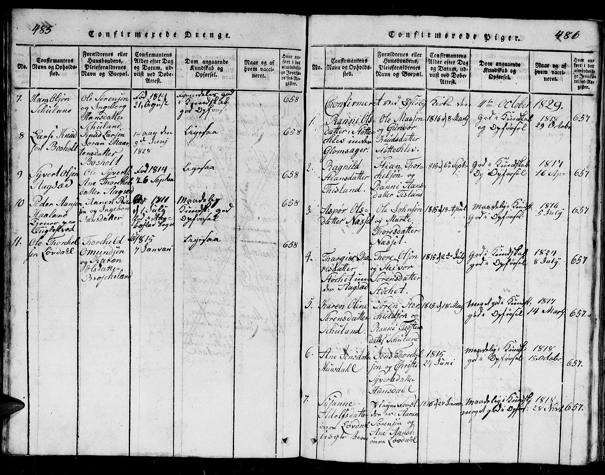 Holum sokneprestkontor, AV/SAK-1111-0022/F/Fb/Fbb/L0001: Parish register (copy) no. B 1, 1820-1847, p. 485-486