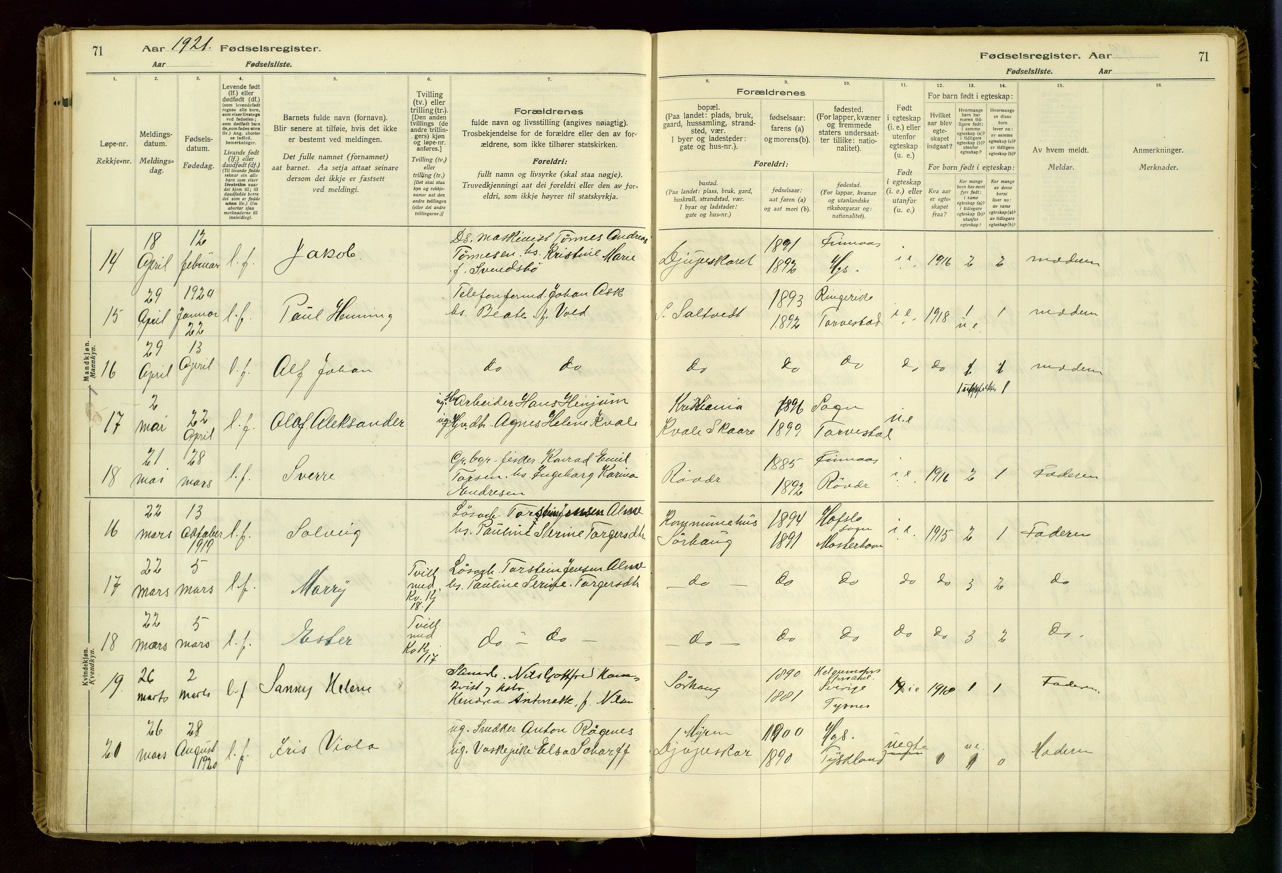 Haugesund sokneprestkontor, AV/SAST-A -101863/I/Id/L0001: Birth register no. 1, 1916-1935, p. 71