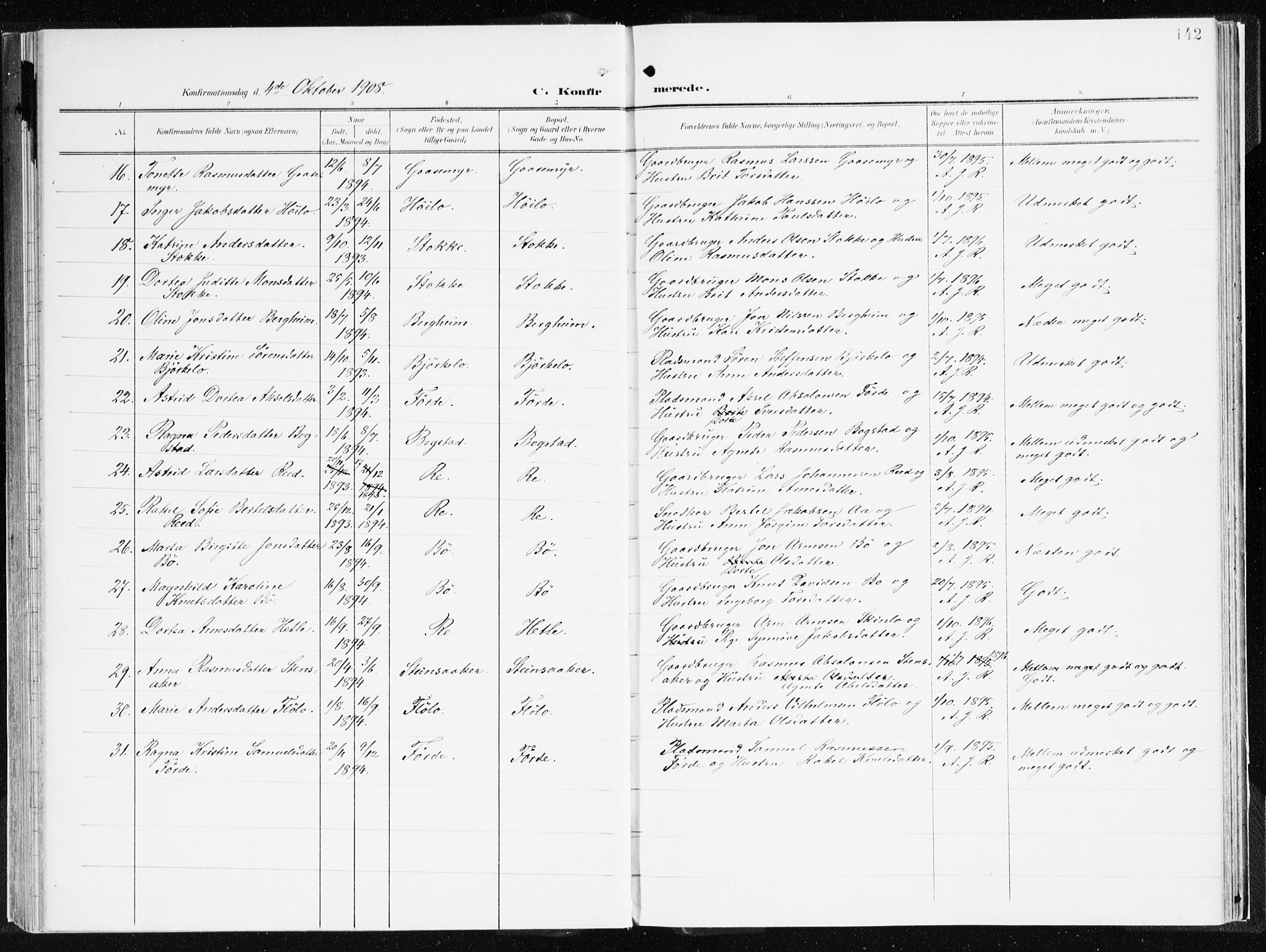 Gloppen sokneprestembete, AV/SAB-A-80101/H/Haa/Haac/L0003: Parish register (official) no. C 3, 1904-1921, p. 142