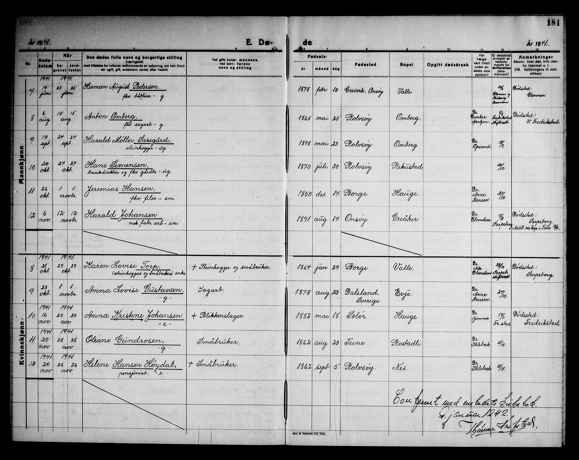 Rolvsøy prestekontor Kirkebøker, AV/SAO-A-2004/G/Ga/L0003: Parish register (copy) no. 3, 1935-1947, p. 181