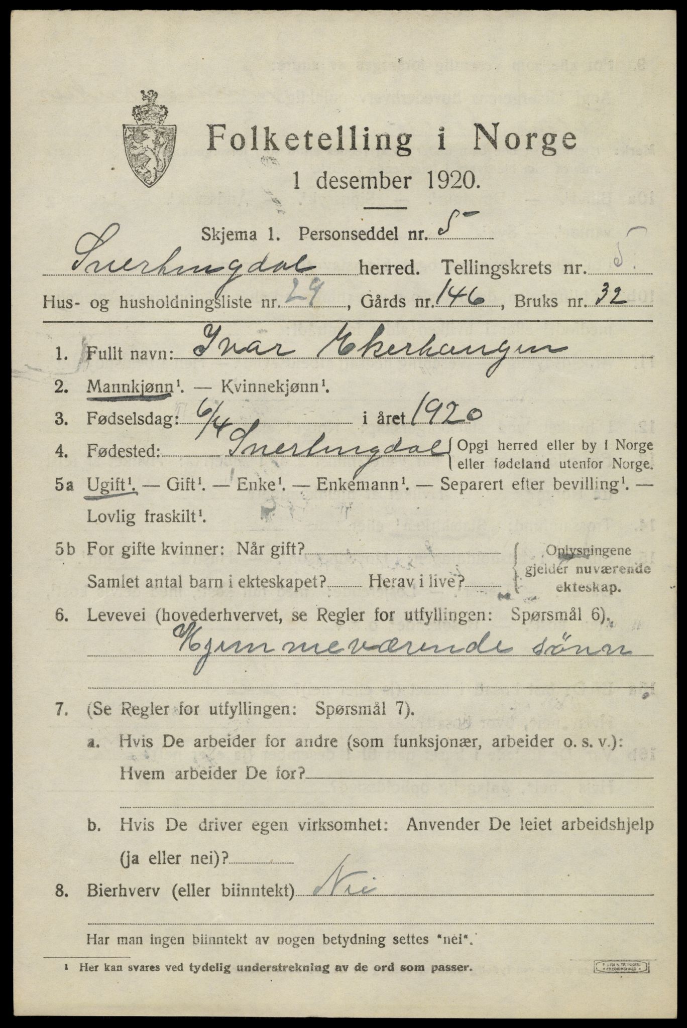 SAH, 1920 census for Snertingdal, 1920, p. 4631