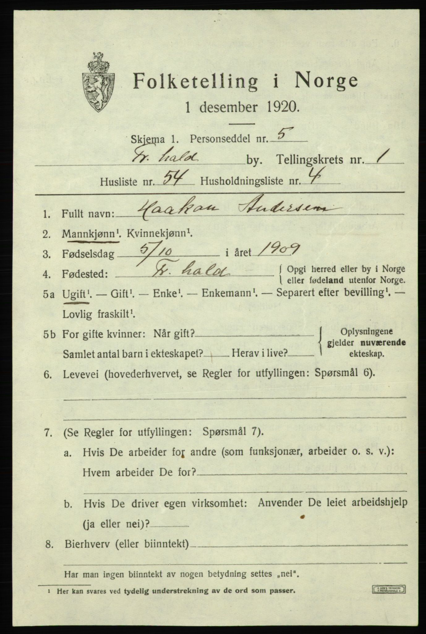 SAO, 1920 census for Fredrikshald, 1920, p. 9131