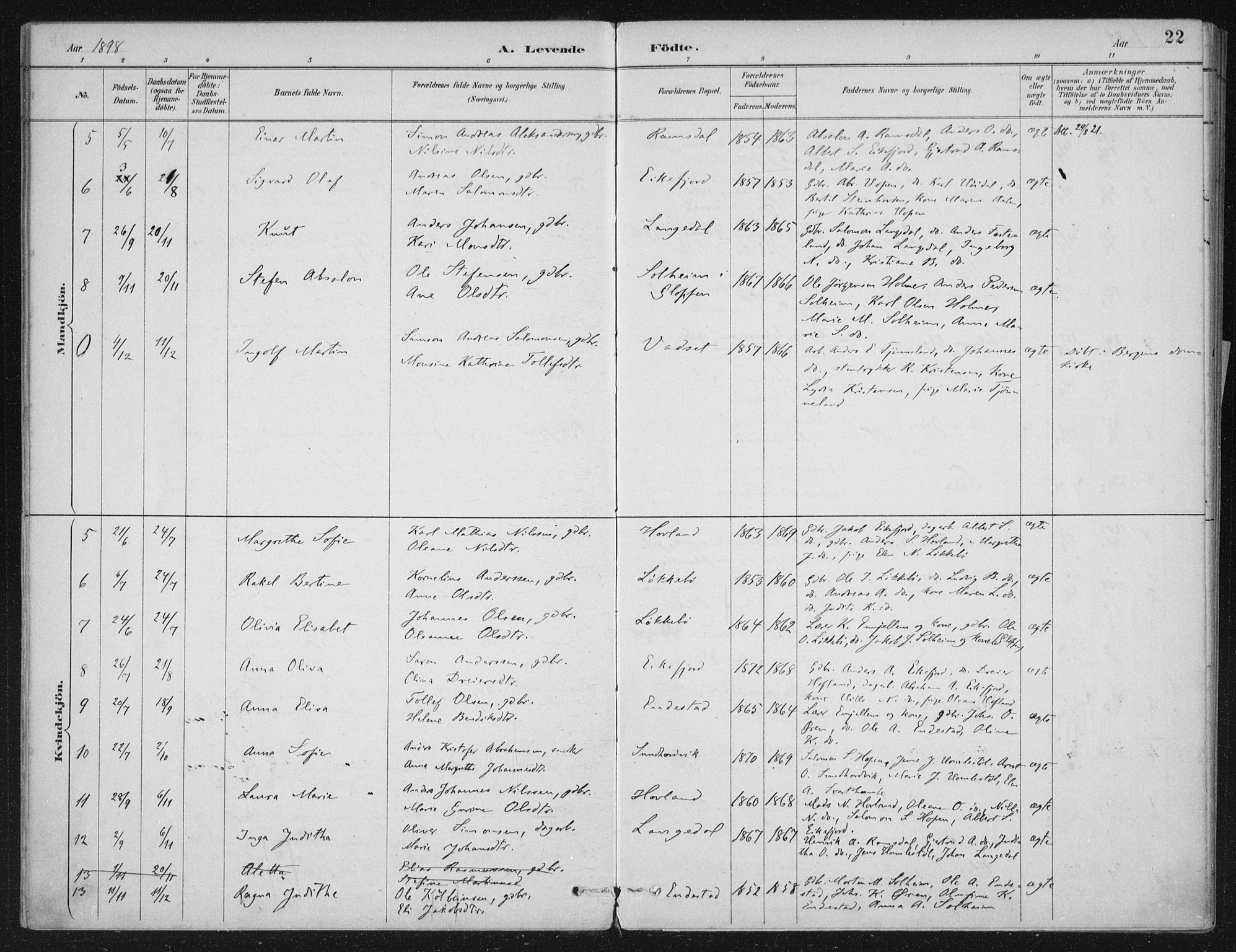 Kinn sokneprestembete, SAB/A-80801/H/Haa/Haae/L0001: Parish register (official) no. E 1, 1890-1916, p. 22