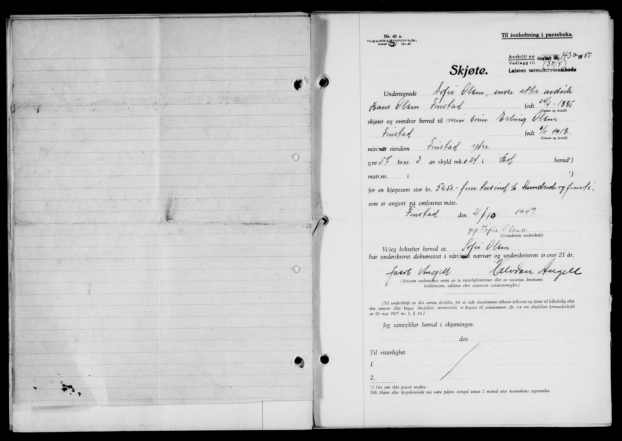 Lofoten sorenskriveri, SAT/A-0017/1/2/2C/L0023a: Mortgage book no. 23a, 1950-1950, Diary no: : 1430/1950