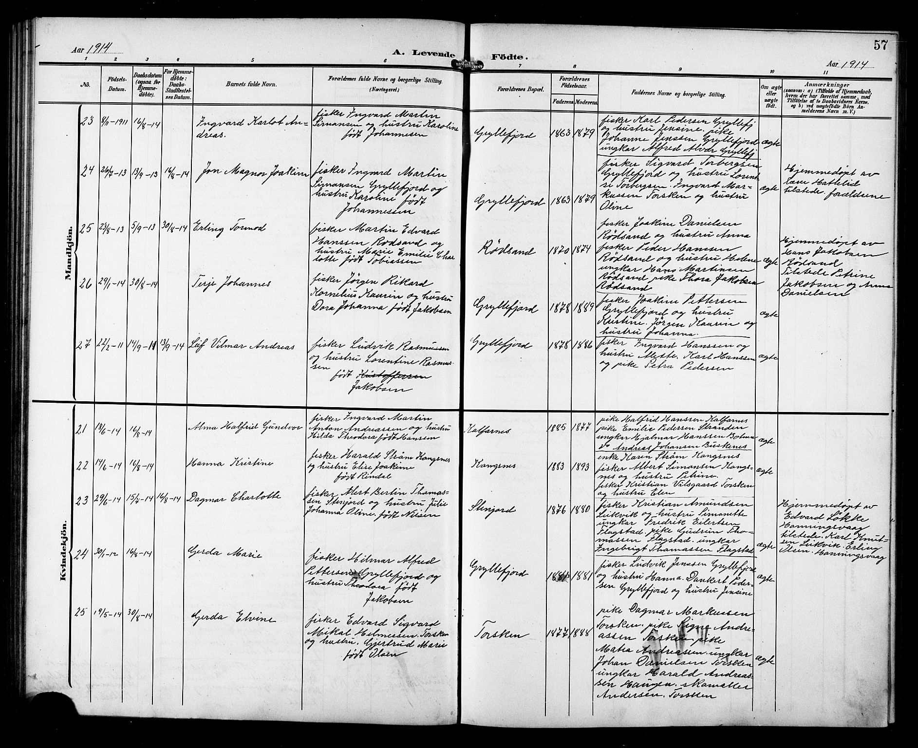 Berg sokneprestkontor, AV/SATØ-S-1318/G/Ga/Gab/L0013klokker: Parish register (copy) no. 13, 1902-1922, p. 57