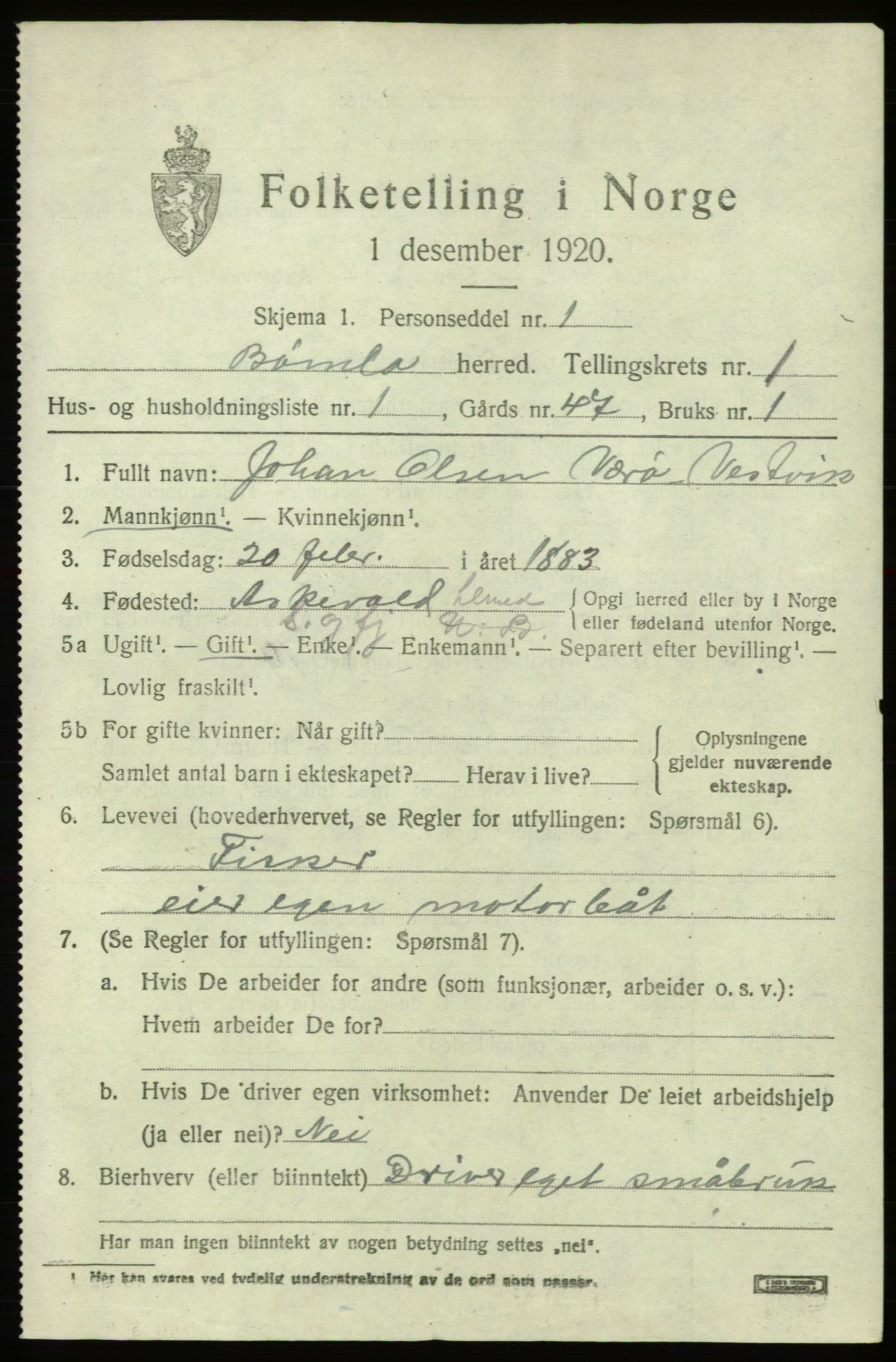 SAB, 1920 census for Bømlo, 1920, p. 447