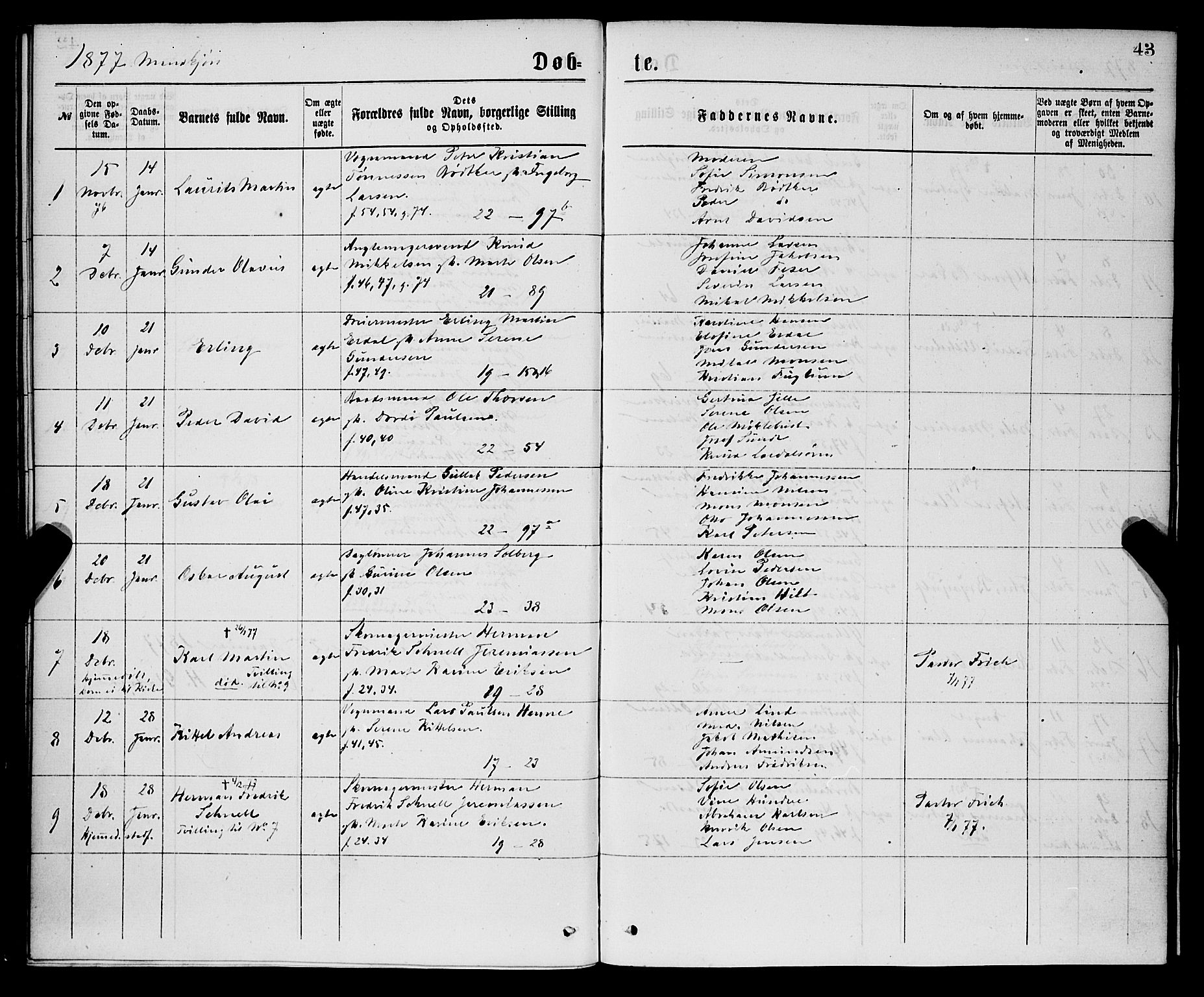 Korskirken sokneprestembete, SAB/A-76101/H/Hab: Parish register (copy) no. B 7, 1874-1878, p. 43