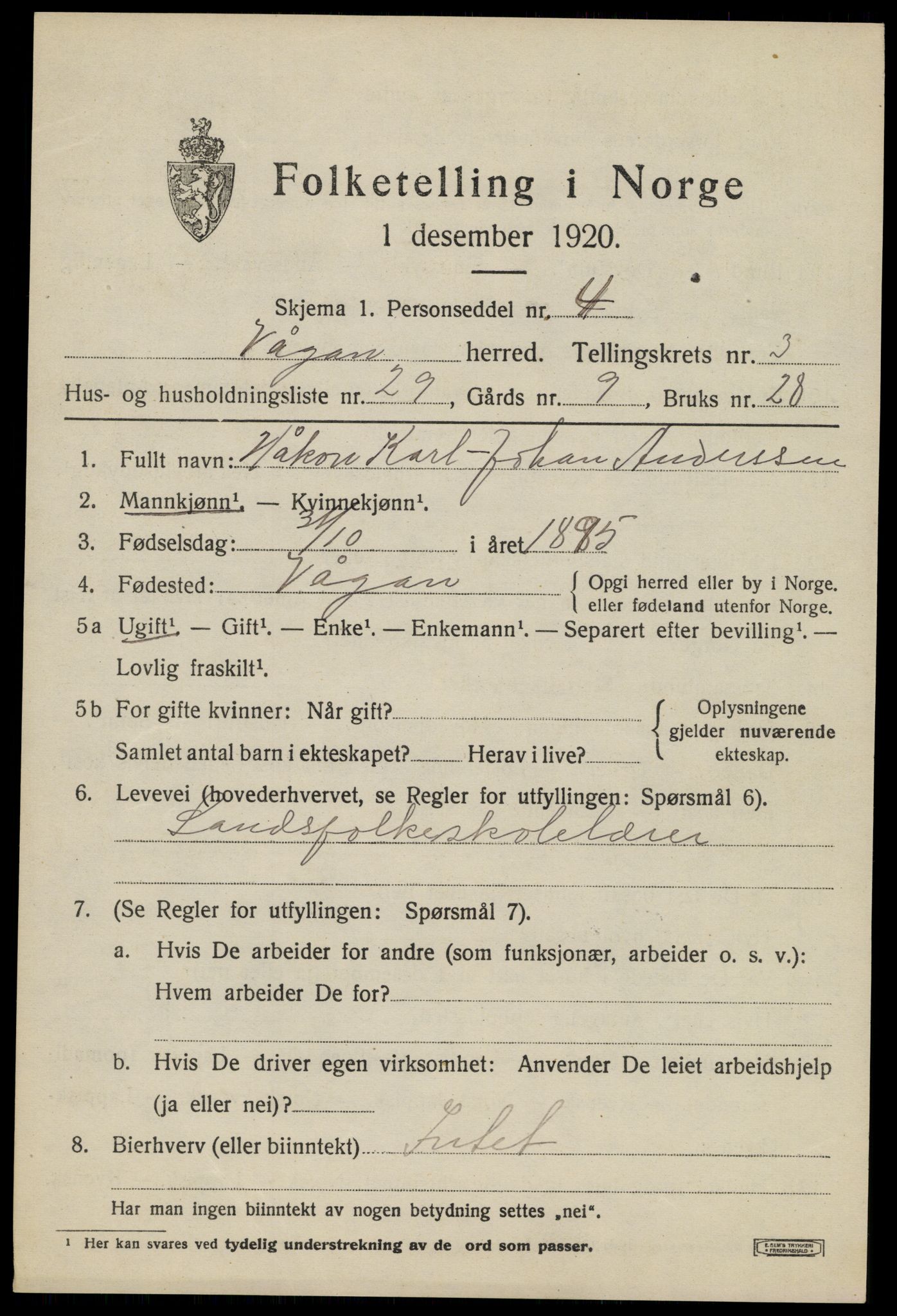 SAT, 1920 census for Vågan, 1920, p. 2933