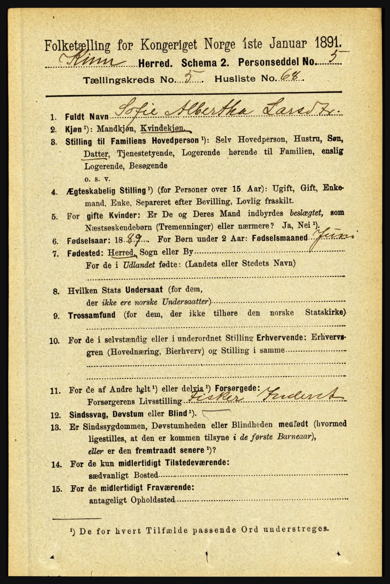 RA, 1891 census for 1437 Kinn, 1891, p. 2182