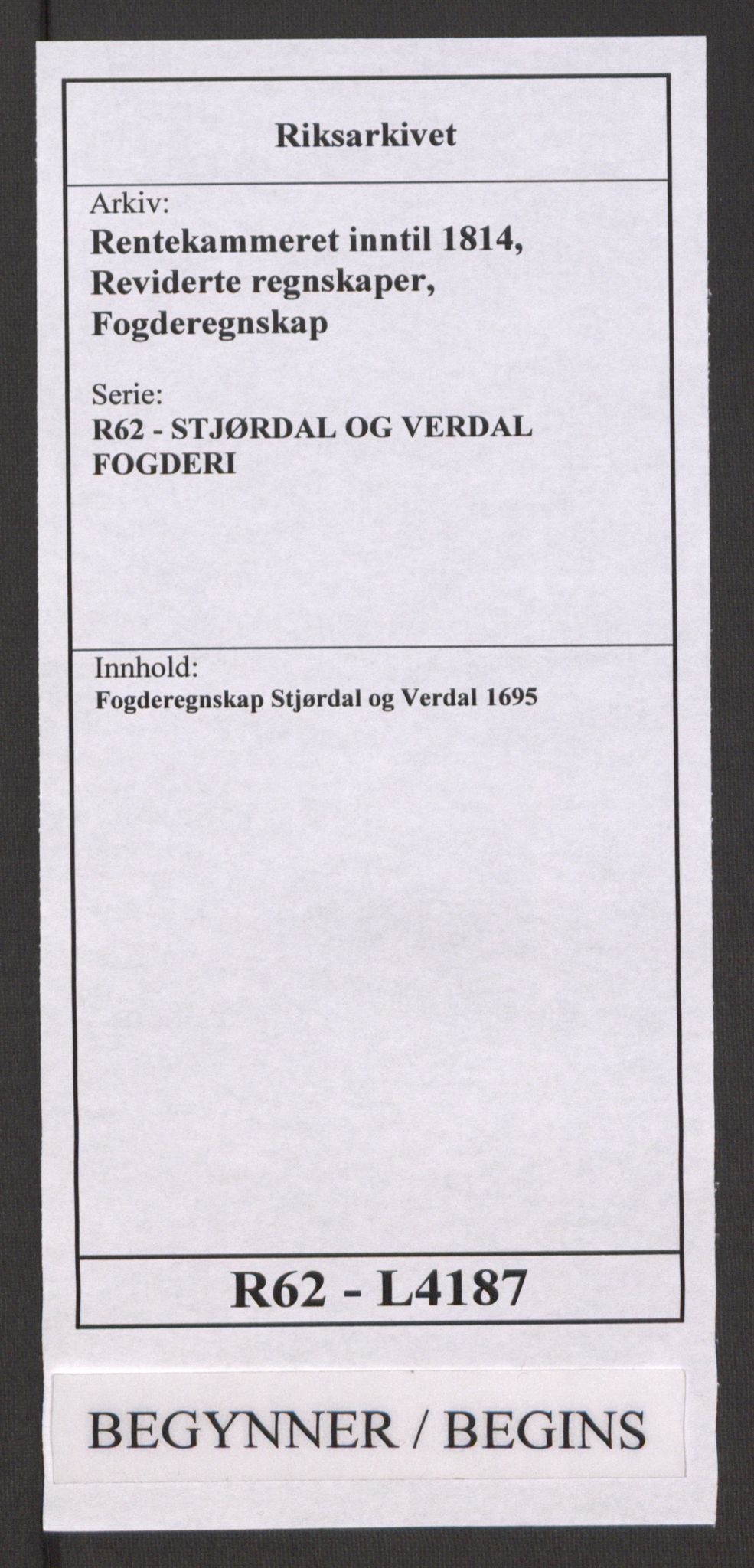 Rentekammeret inntil 1814, Reviderte regnskaper, Fogderegnskap, RA/EA-4092/R62/L4187: Fogderegnskap Stjørdal og Verdal, 1695, p. 1