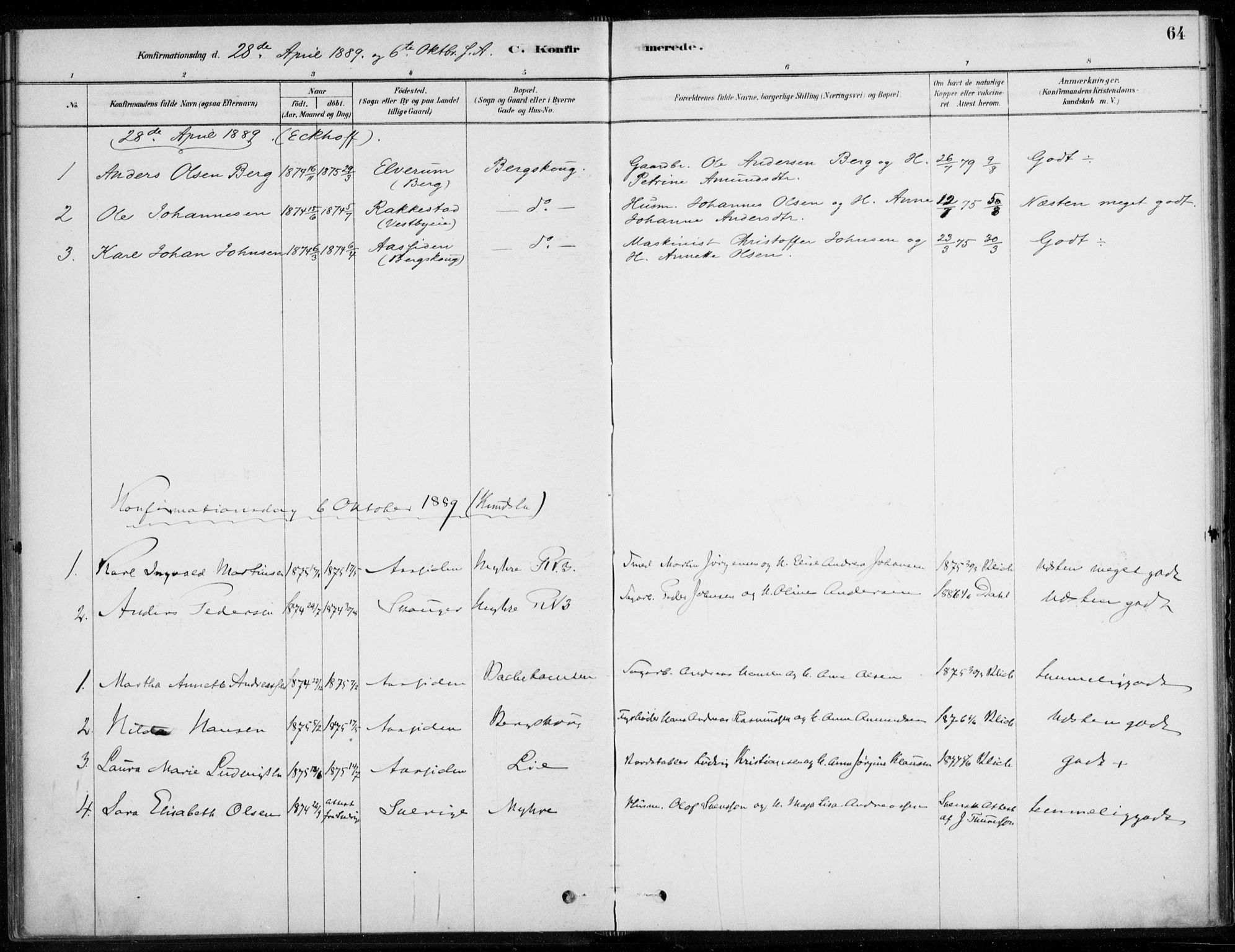 Åssiden kirkebøker, AV/SAKO-A-251/F/Fa/L0001: Parish register (official) no. 1, 1878-1904, p. 64