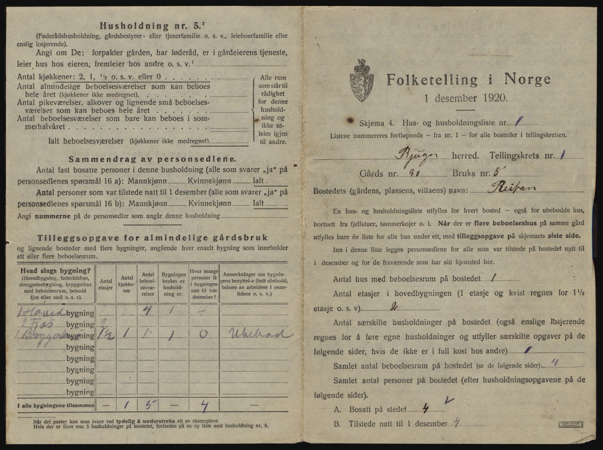 SAT, 1920 census for Bjugn, 1920, p. 19