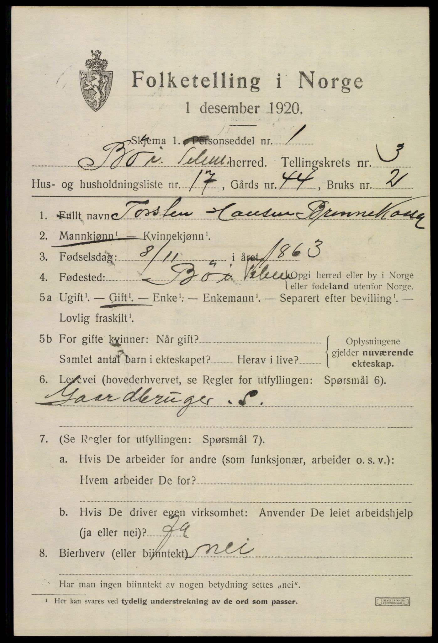 SAKO, 1920 census for Bø (Telemark), 1920, p. 2832