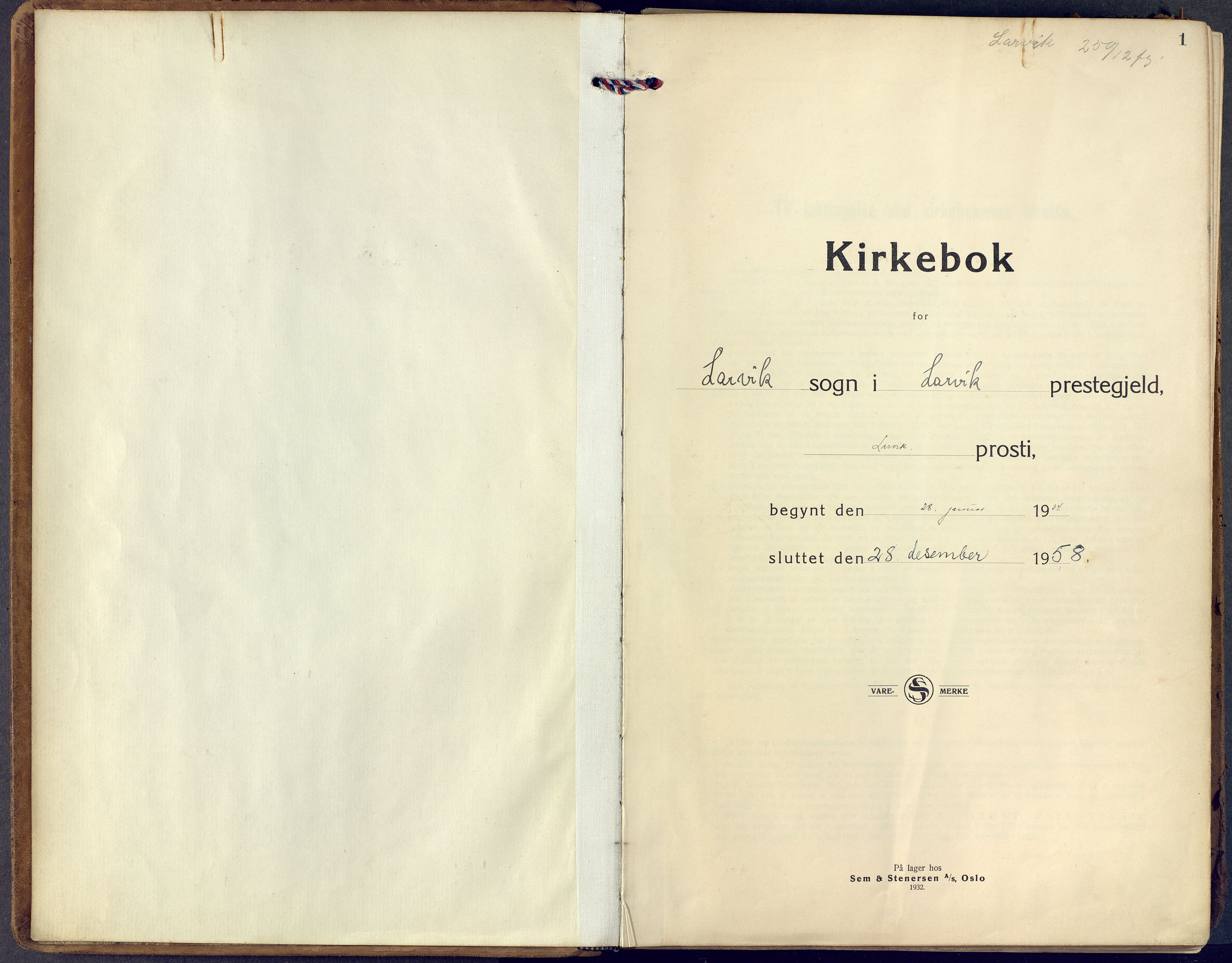 Larvik kirkebøker, AV/SAKO-A-352/F/Fa/L0014: Parish register (official) no. I 14, 1934-1958, p. 1