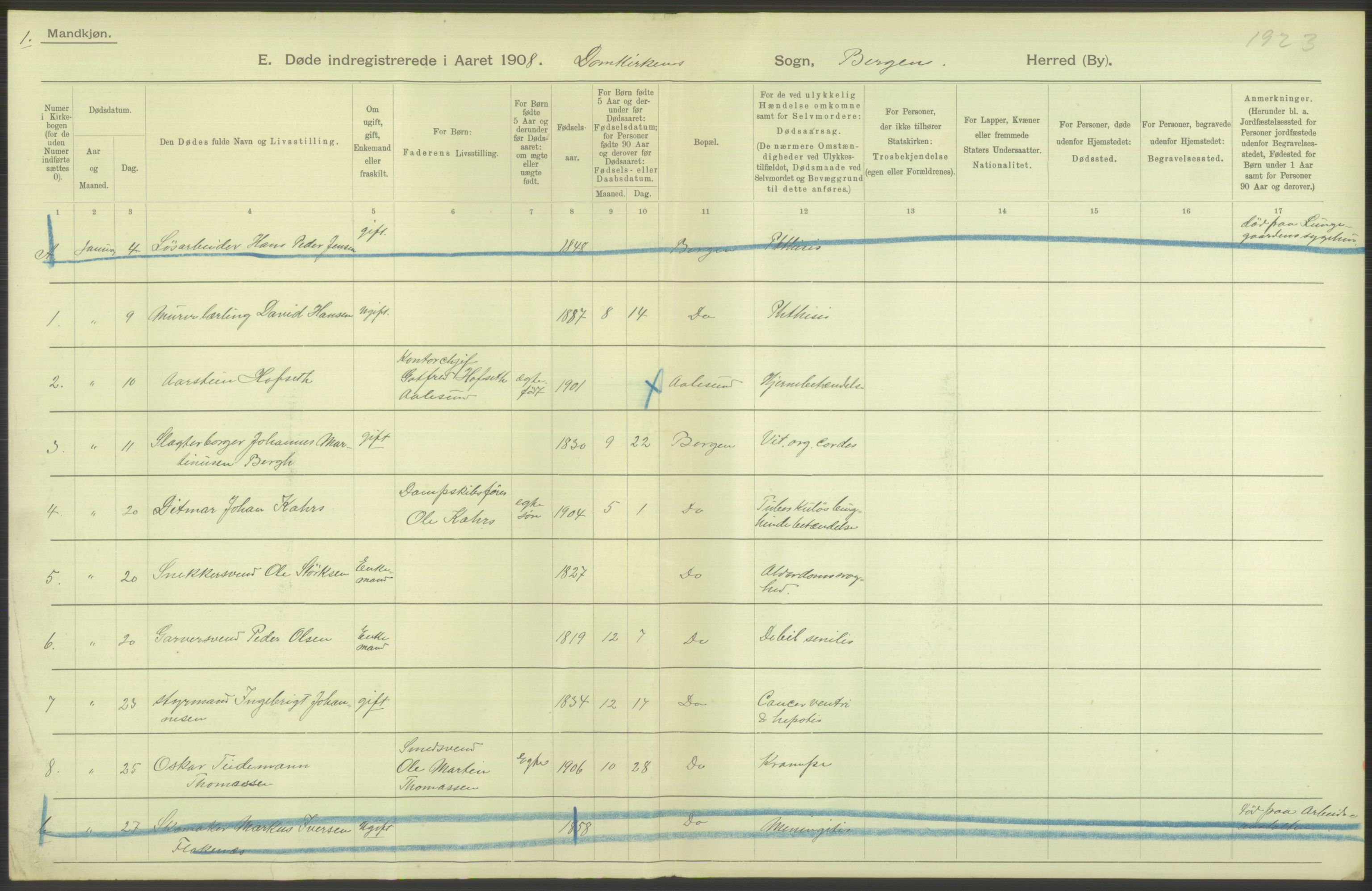 Statistisk sentralbyrå, Sosiodemografiske emner, Befolkning, AV/RA-S-2228/D/Df/Dfa/Dfaf/L0031: Bergen: Gifte, døde, dødfødte., 1908, p. 130