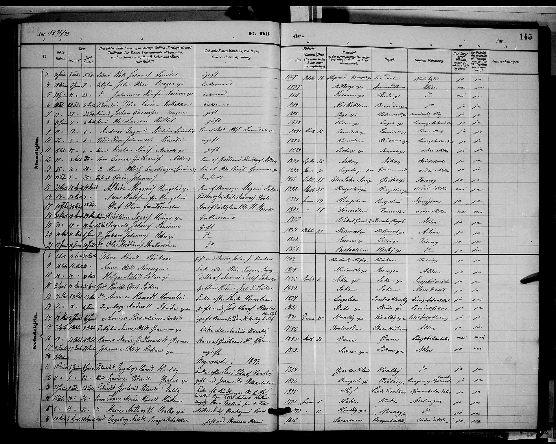 Søndre Land prestekontor, AV/SAH-PREST-122/L/L0002: Parish register (copy) no. 2, 1884-1900, p. 145