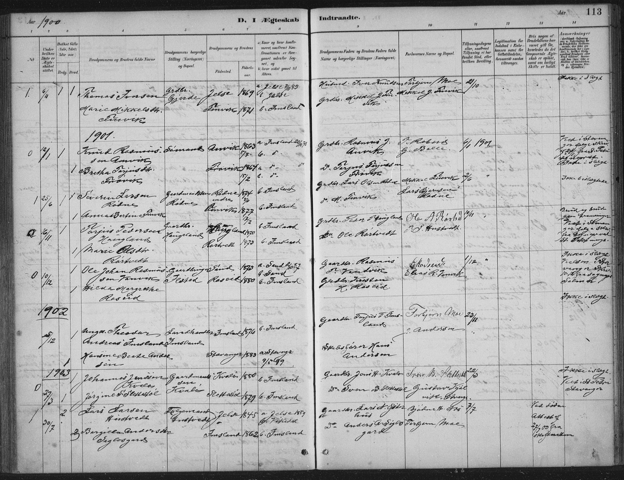 Vikedal sokneprestkontor, AV/SAST-A-101840/01/IV: Parish register (official) no. A 12, 1886-1929, p. 113