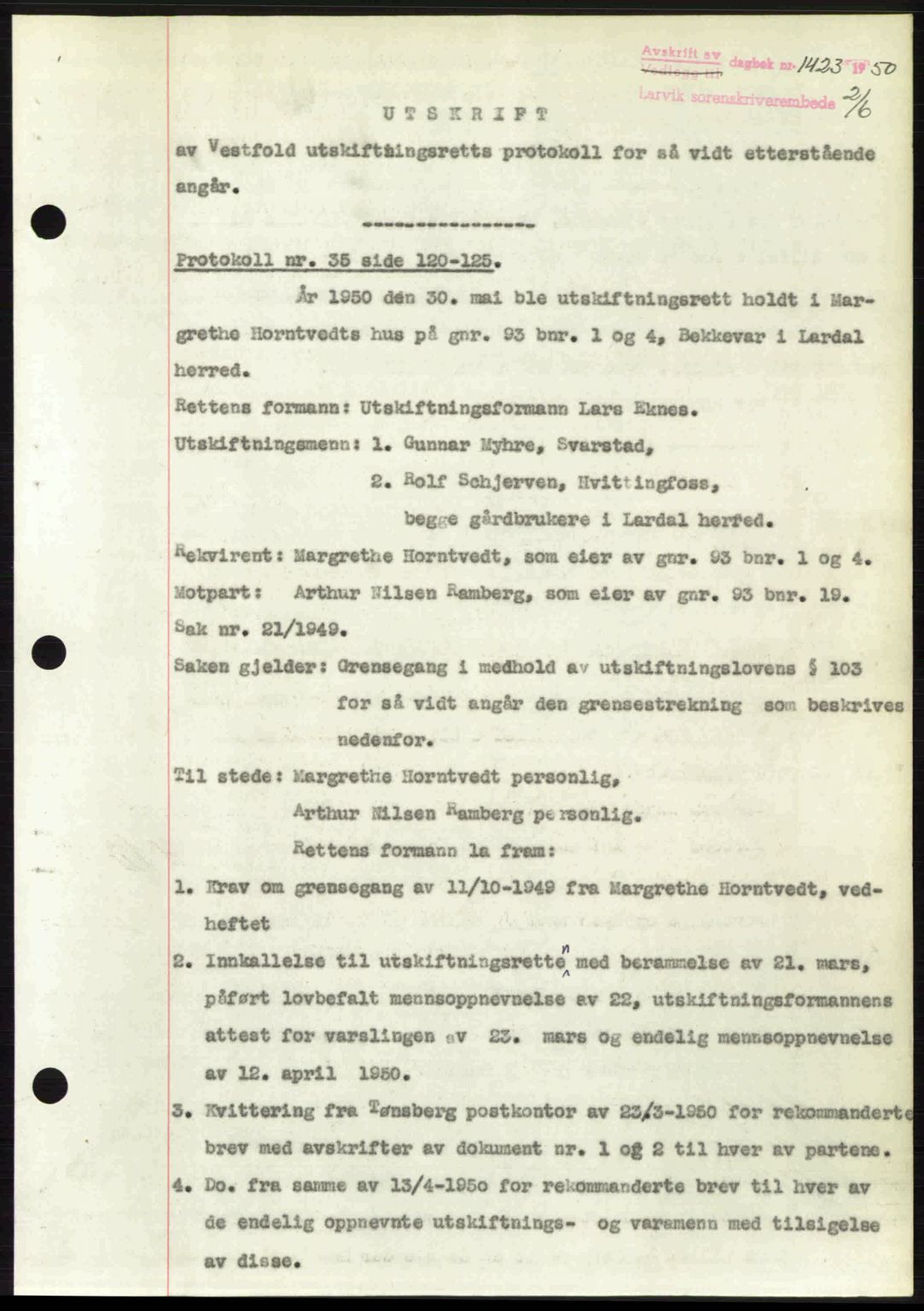 Larvik sorenskriveri, AV/SAKO-A-83/G/Ga/Gab/L0092: Mortgage book no. A-26, 1950-1950, Diary no: : 1423/1950