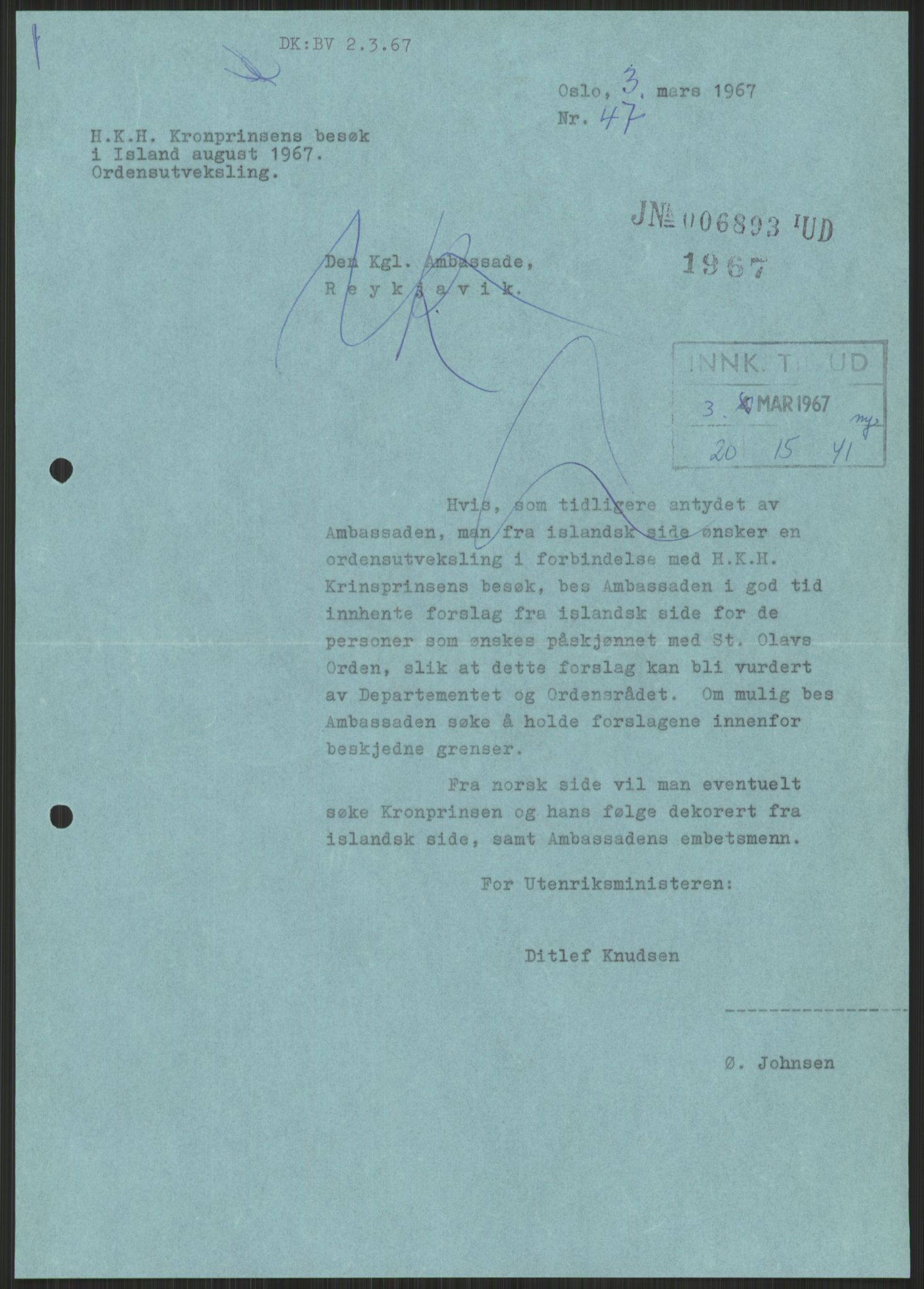 Utenriksdepartementet, hovedarkiv, AV/RA-S-6794/D/Da/Daa/L0542: Ordensvesen. Statsoverhoders og fyrsters jubiléer og begravelser. Ordensvesen. Statsoverhoders og fyrsters jubiléer og begravelser. Statsjubiléer. Fyrstebesøk (utvekslinger). Flåtebesøk (utvekslinger), 1960-1969, p. 737